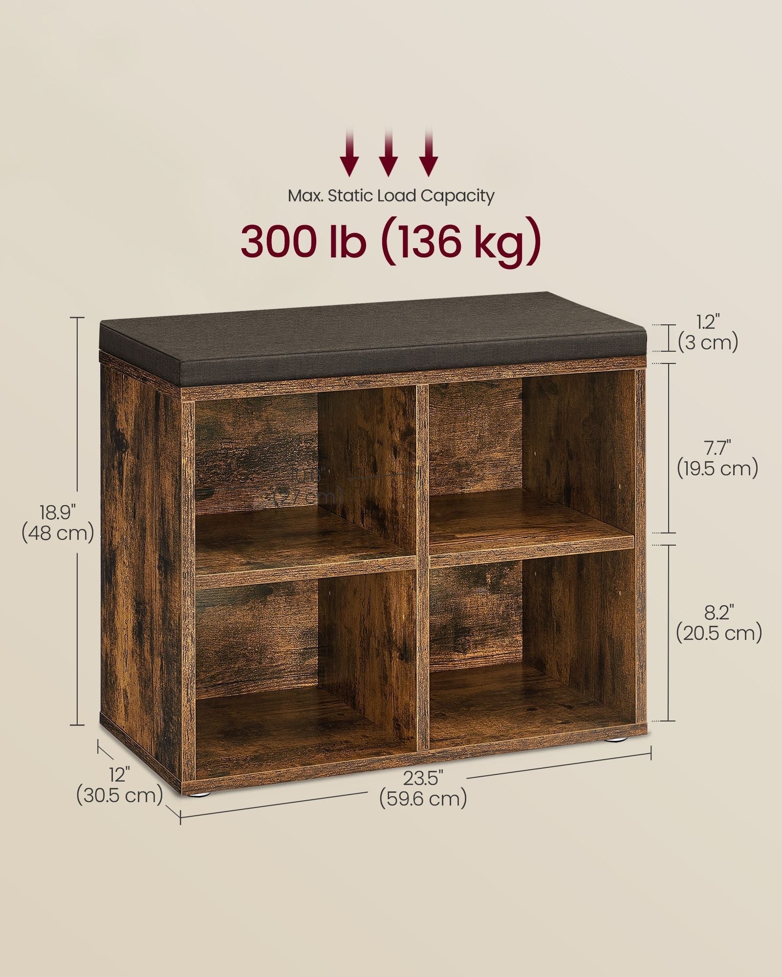 Shoe Storage Bench - Engineered Wood - Rustic Brown - Padded Seat with 4 Compartments and 2 Adjustable Shelves