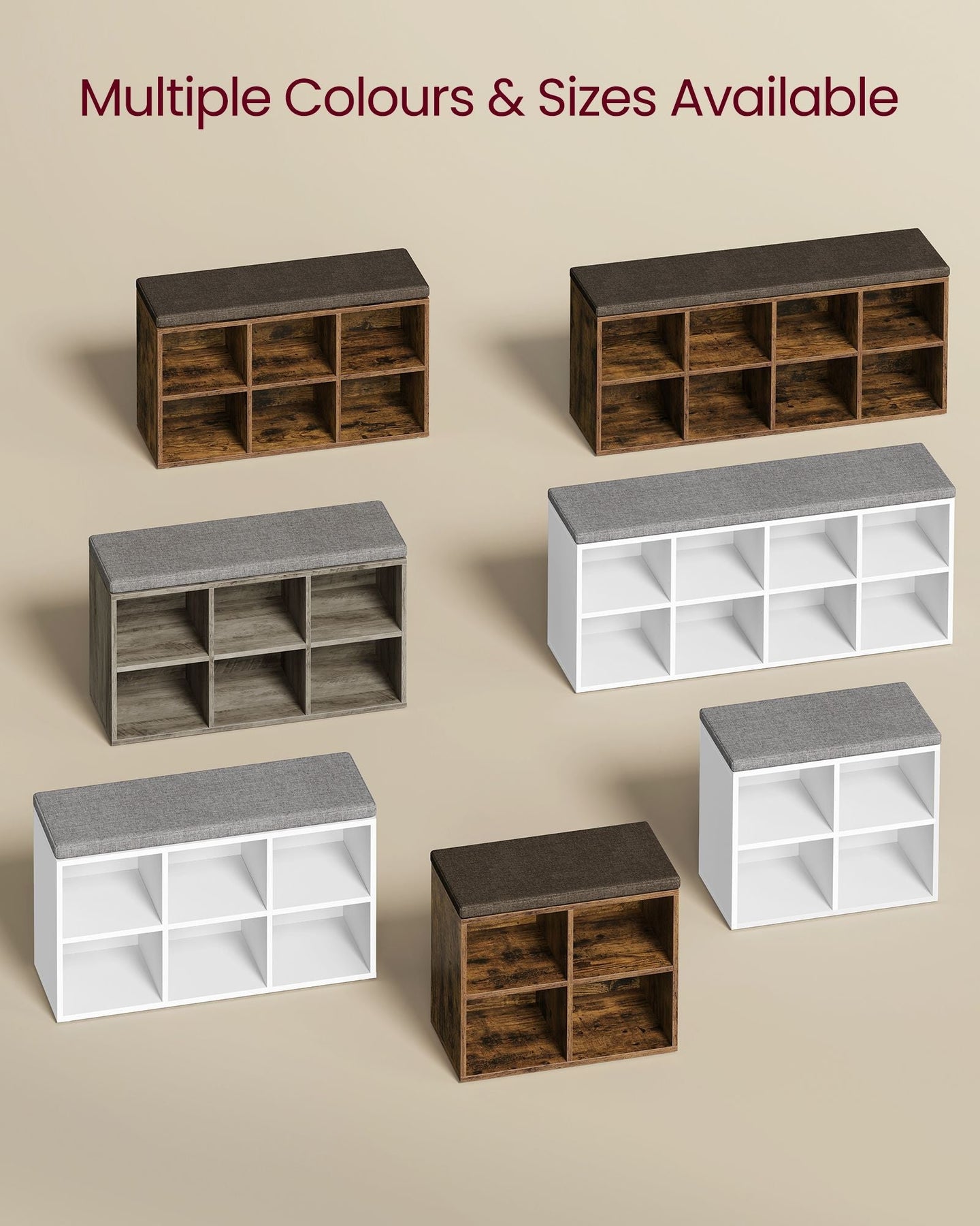 Shoe Storage Bench - Engineered Wood - Rustic Brown - Padded Seat with 4 Compartments and 2 Adjustable Shelves