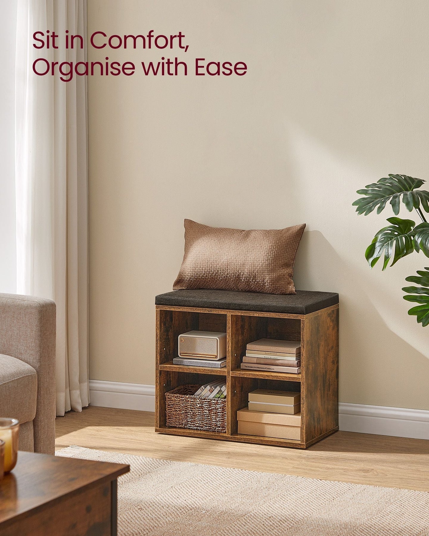 Shoe Storage Bench - Engineered Wood - Rustic Brown - Padded Seat with 4 Compartments and 2 Adjustable Shelves