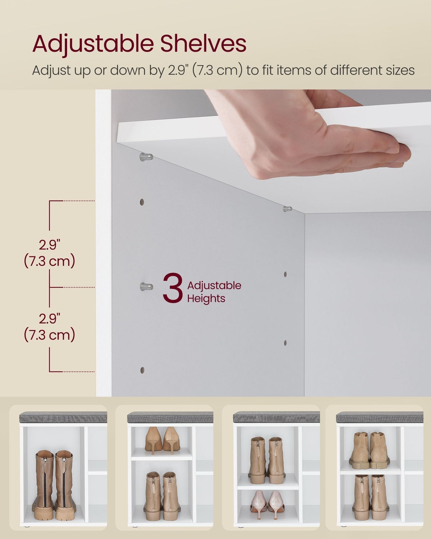 Shoe Storage Bench - Wood - Cloud White - Padded Seat with Adjustable Shelves