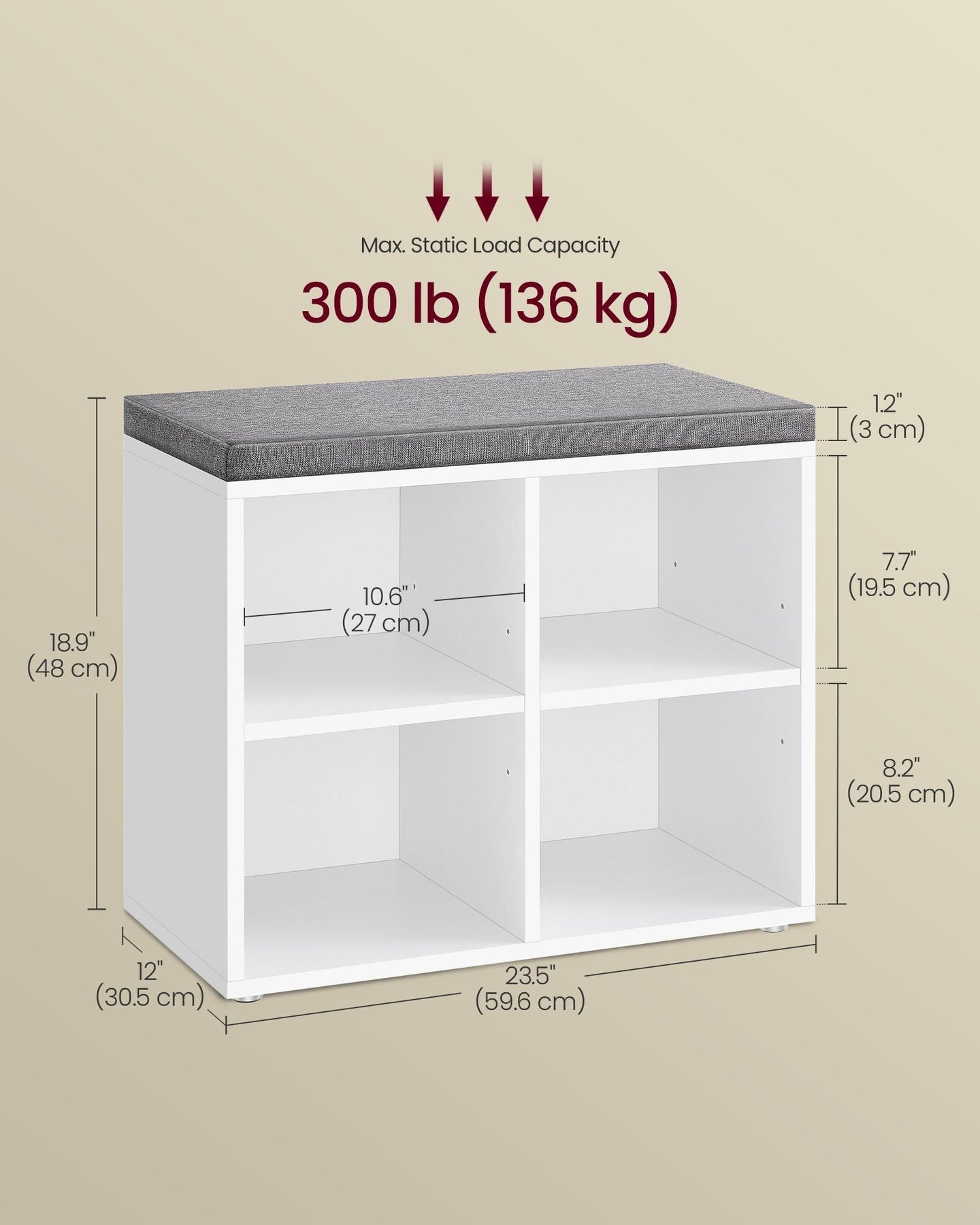 Shoe Storage Bench - Wood - Cloud White - Padded Seat with Adjustable Shelves
