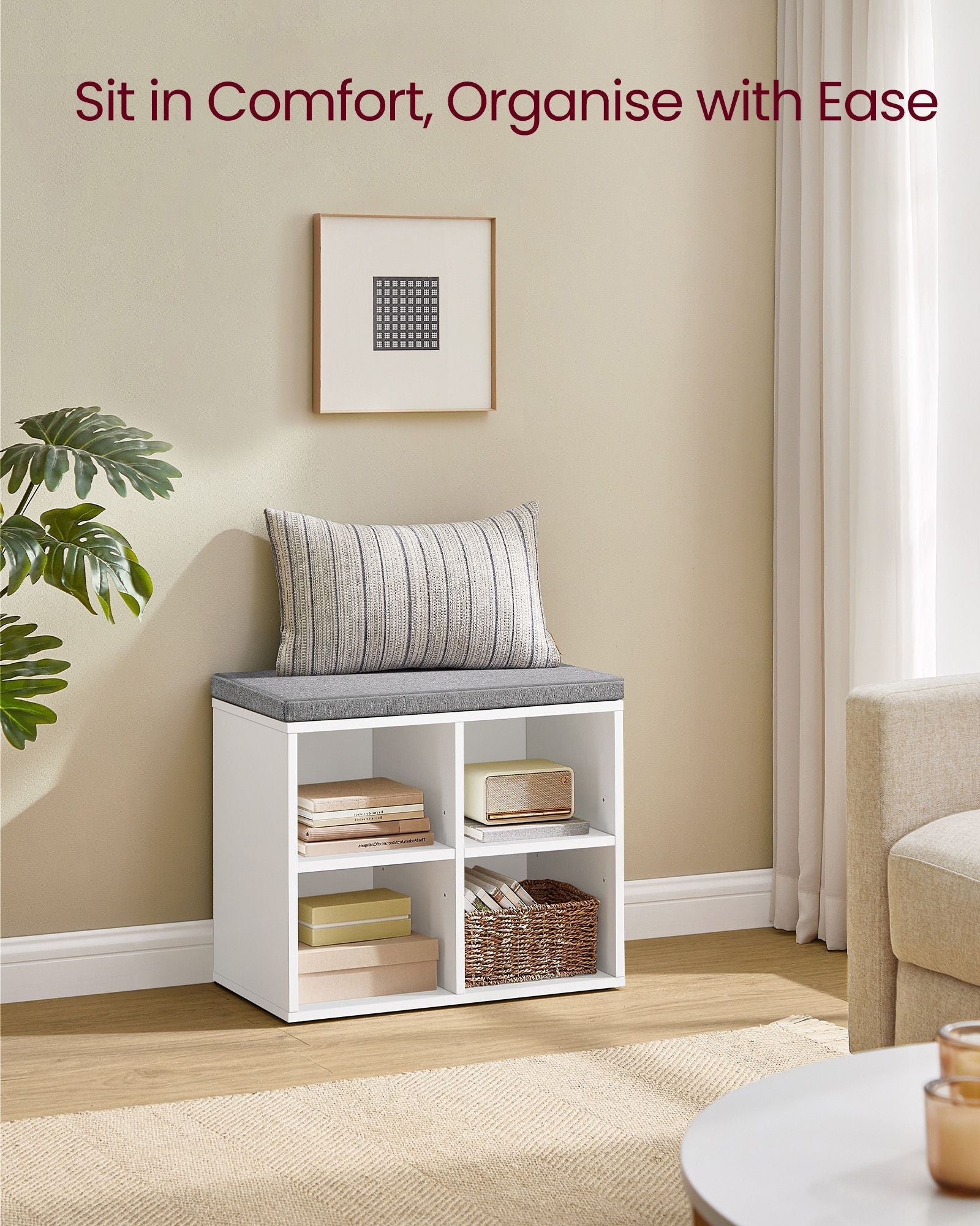 Shoe Storage Bench - Wood - Cloud White - Padded Seat with Adjustable Shelves