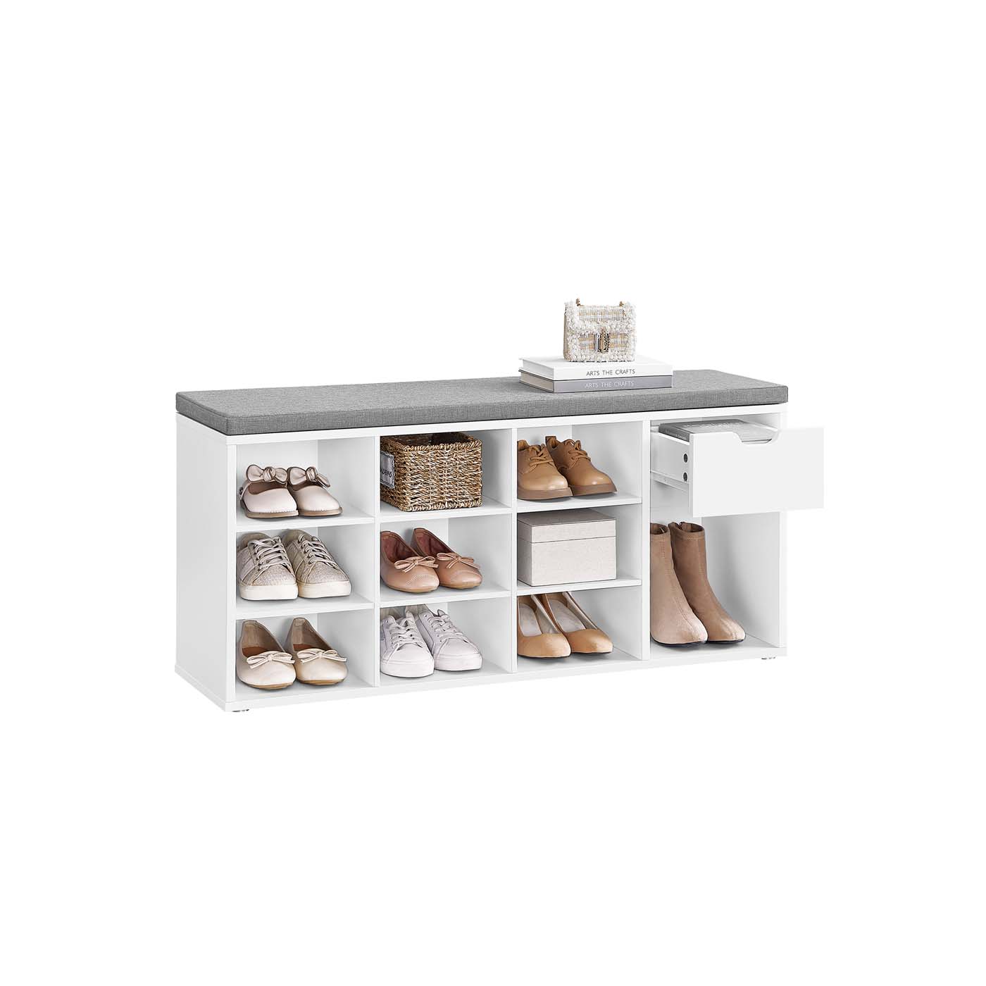 Open Compartments Shoe Bench - E1-Grade Wood and Foam Padding - White Frame