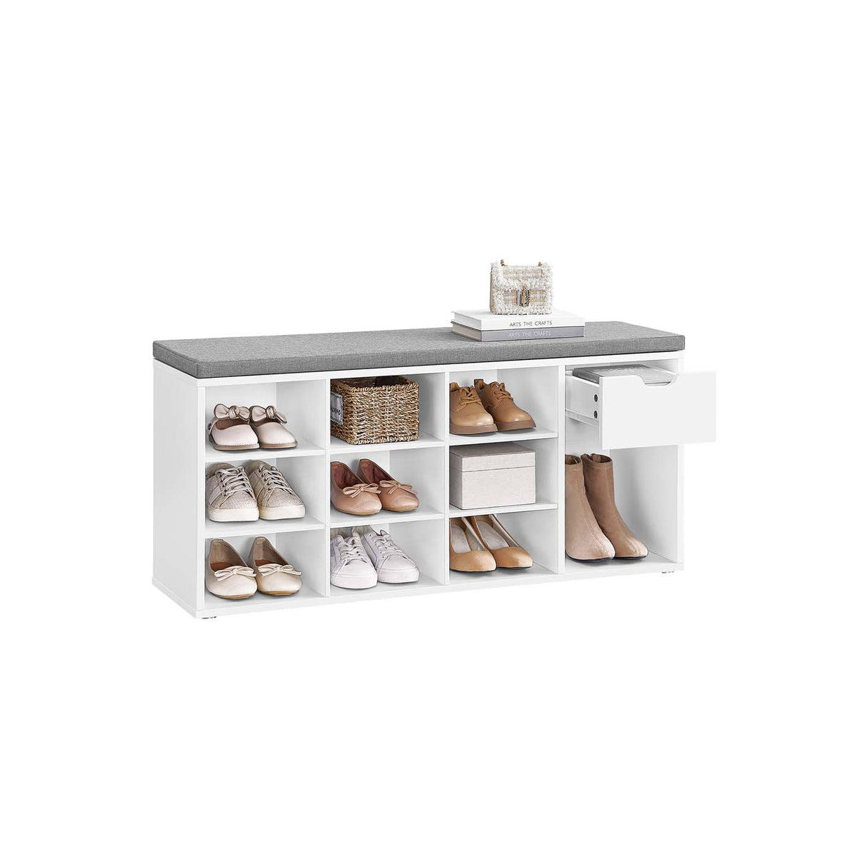 Open Compartments Shoe Bench - E1-Grade Wood and Foam Padding - White Frame
