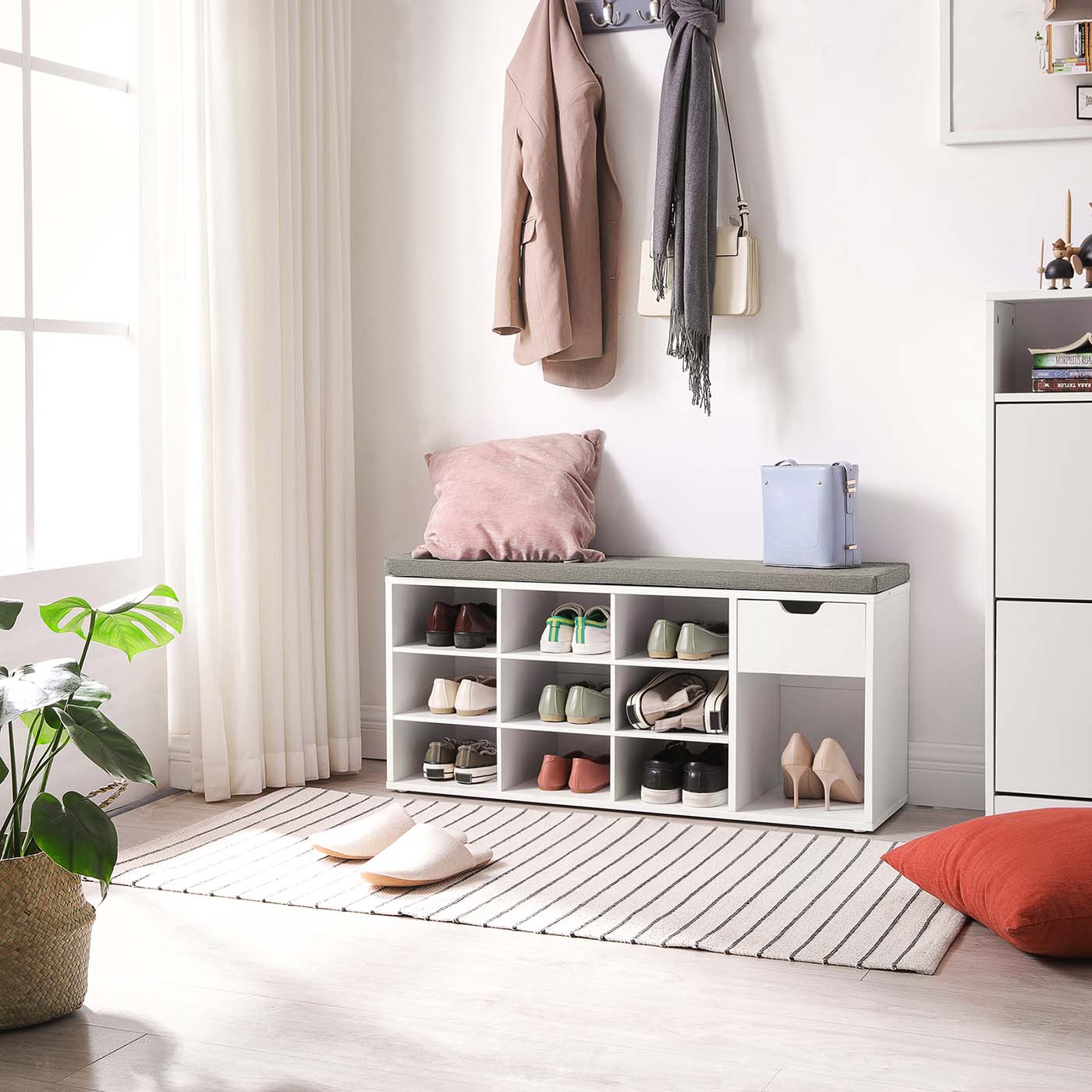 Open Compartments Shoe Bench - E1-Grade Wood and Foam Padding - White Frame
