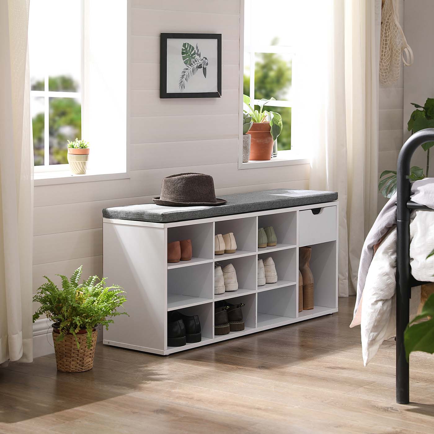 Open Compartments Shoe Bench - E1-Grade Wood and Foam Padding - White Frame