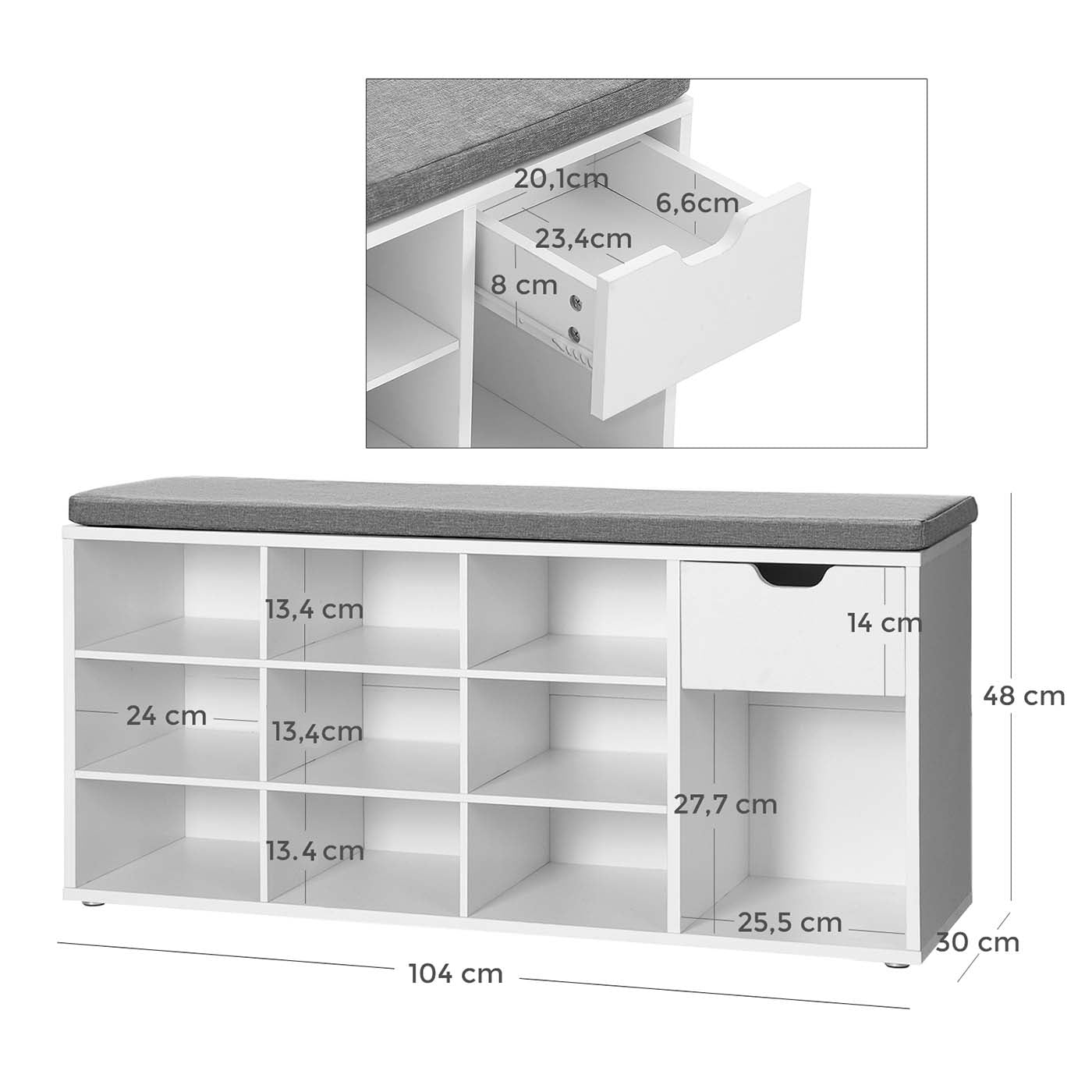 Open Compartments Shoe Bench - E1-Grade Wood and Foam Padding - White Frame