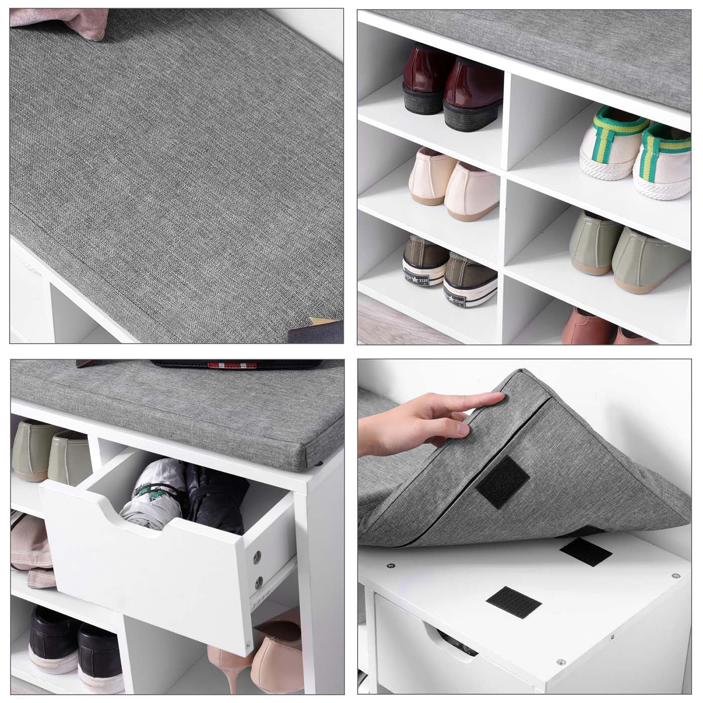 Shoe Bench - Wood - White - Storage with Open Compartments and Padded Seat