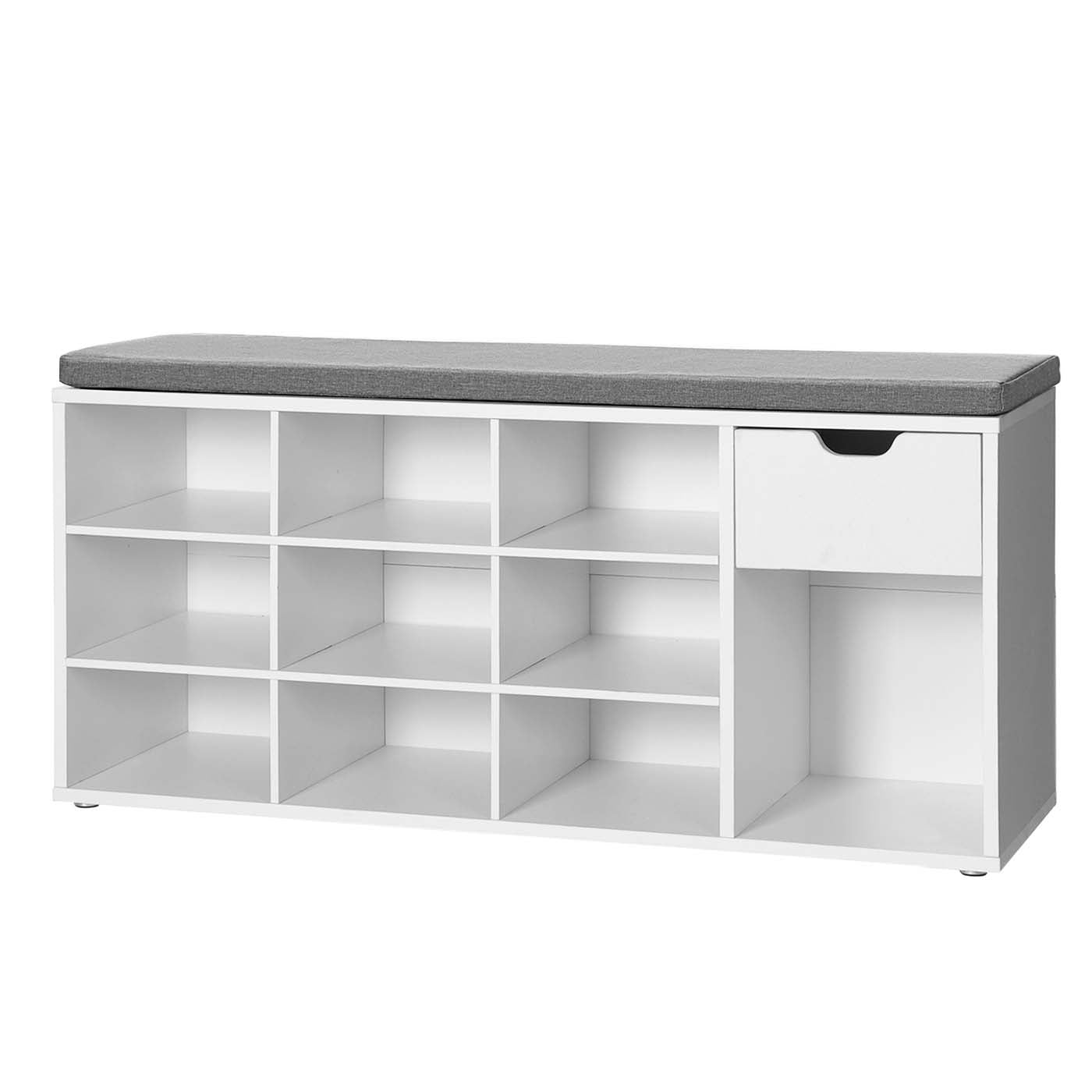 Shoe Bench - Wood - White - Storage with Open Compartments and Padded Seat