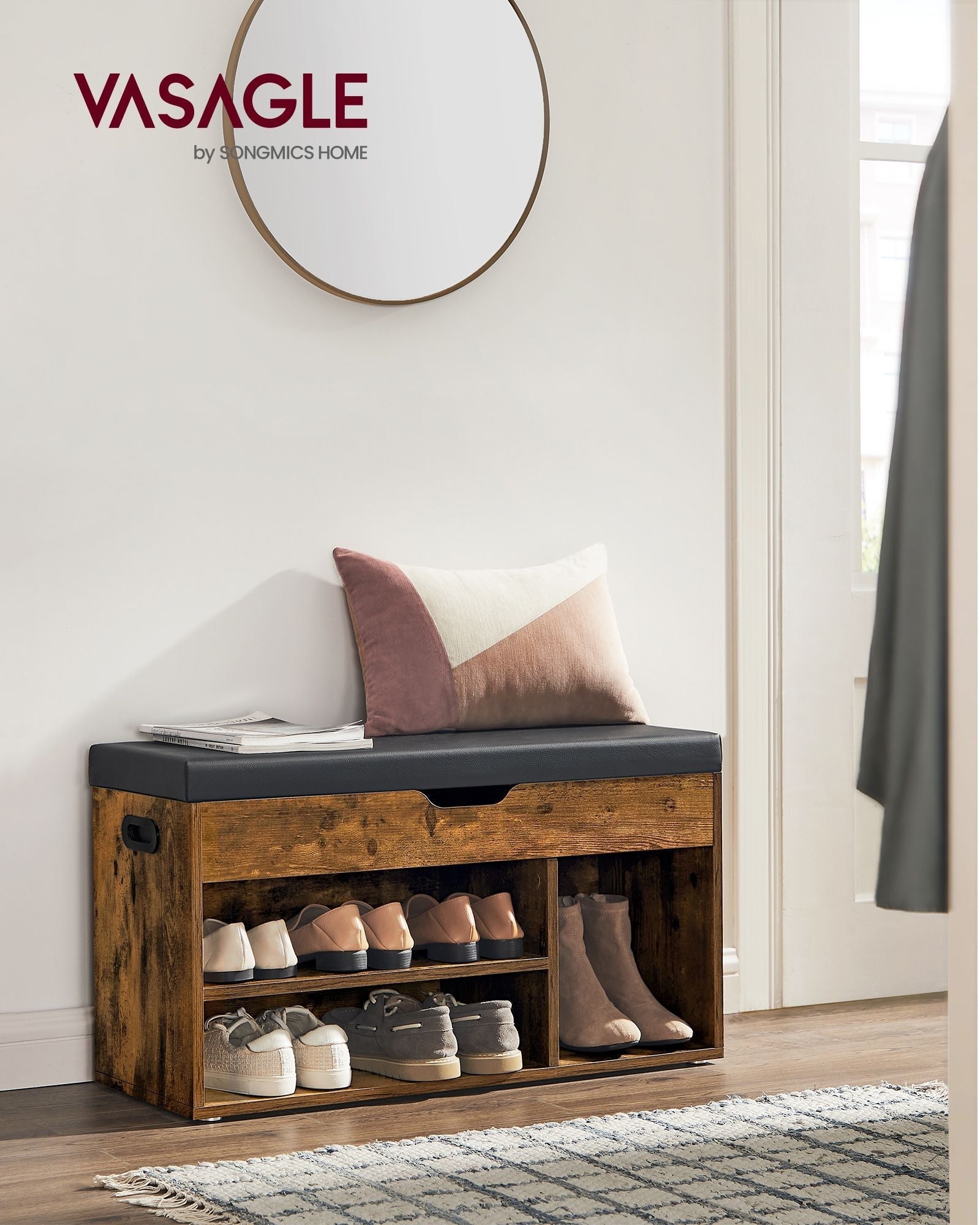 Shoe Bench - Wood - White - 3 Compartments with Storage Seat and Hidden Chest