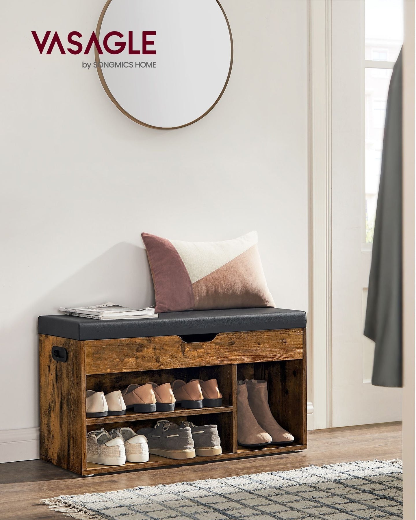 Shoe Bench - Wood - White - 3 Compartments with Storage Seat and Hidden Chest
