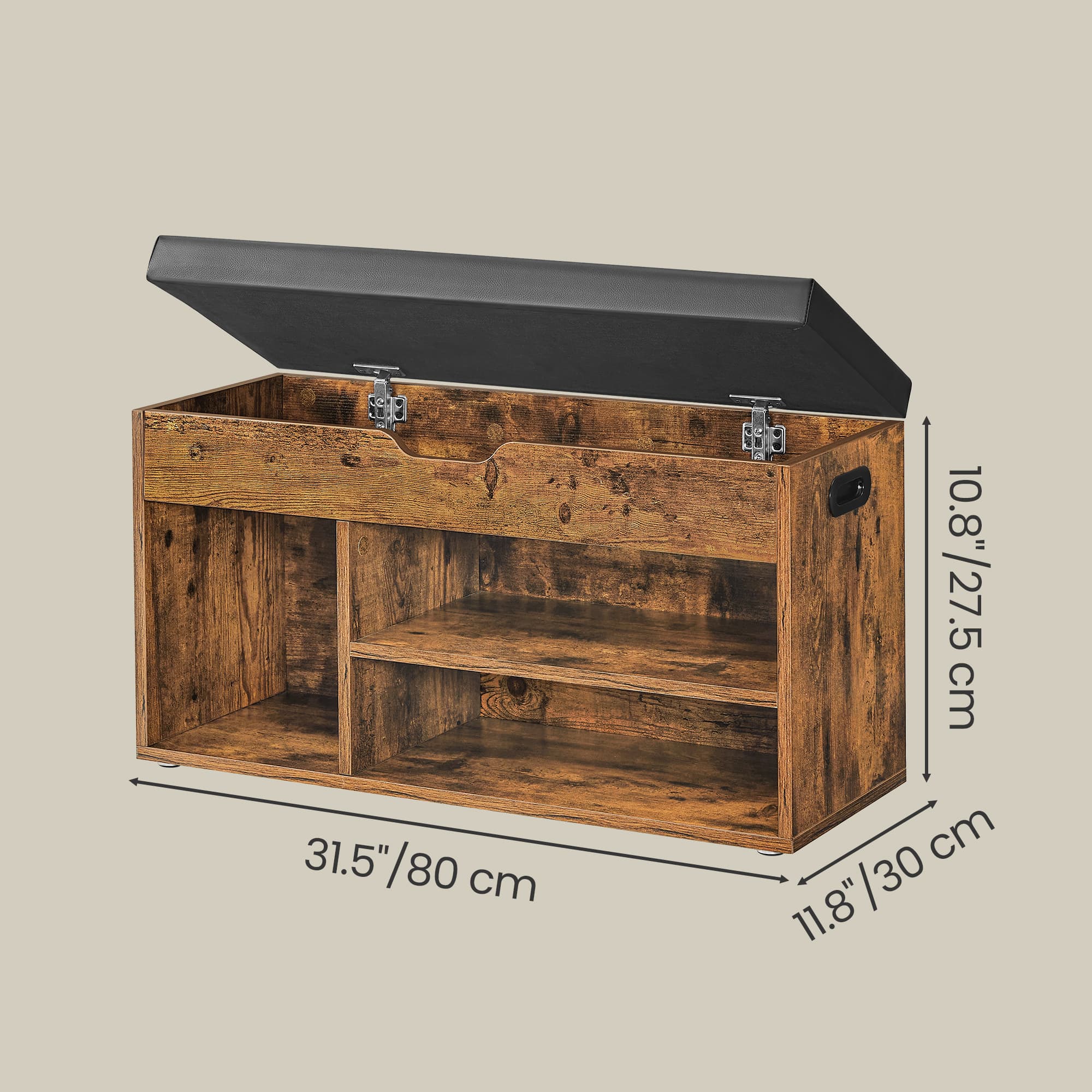 Entryway Storage Bench - Wood - Brown - Cushioned with Hidden Compartment and Shelves