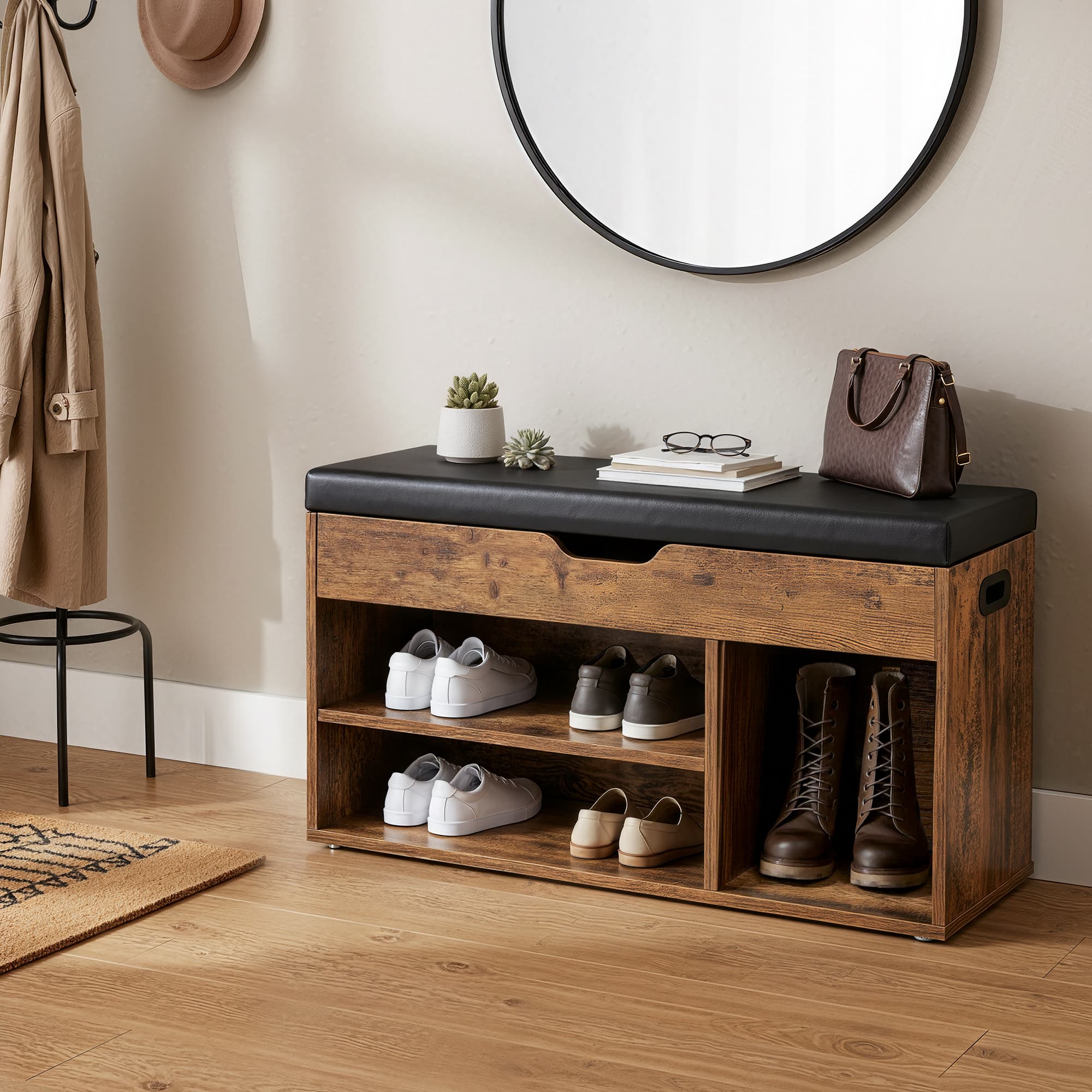 Entryway Storage Bench - Wood - Brown - Cushioned with Hidden Compartment and Shelves