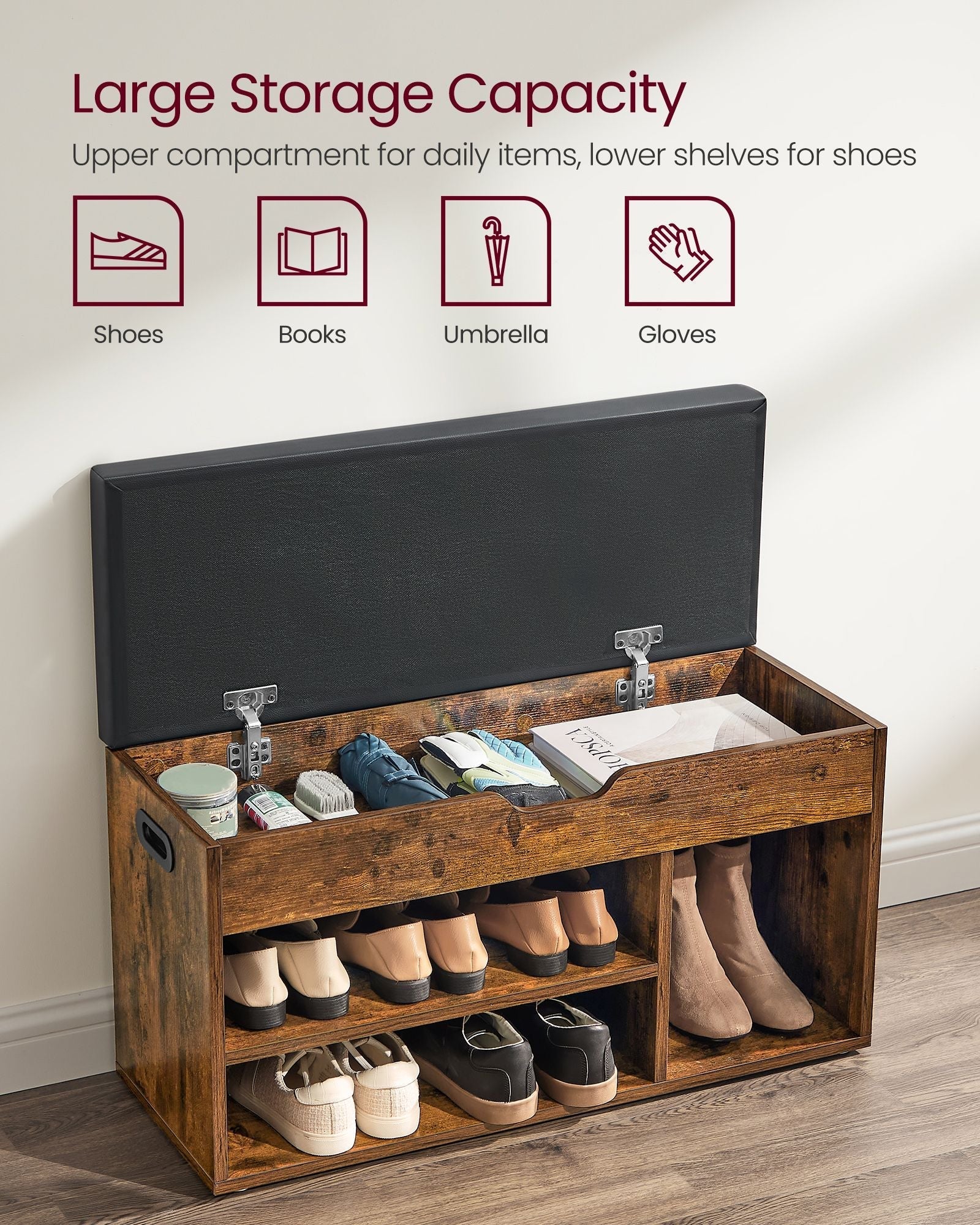 Shoe Bench - Wood - White - 3 Compartments with Storage Seat and Hidden Chest