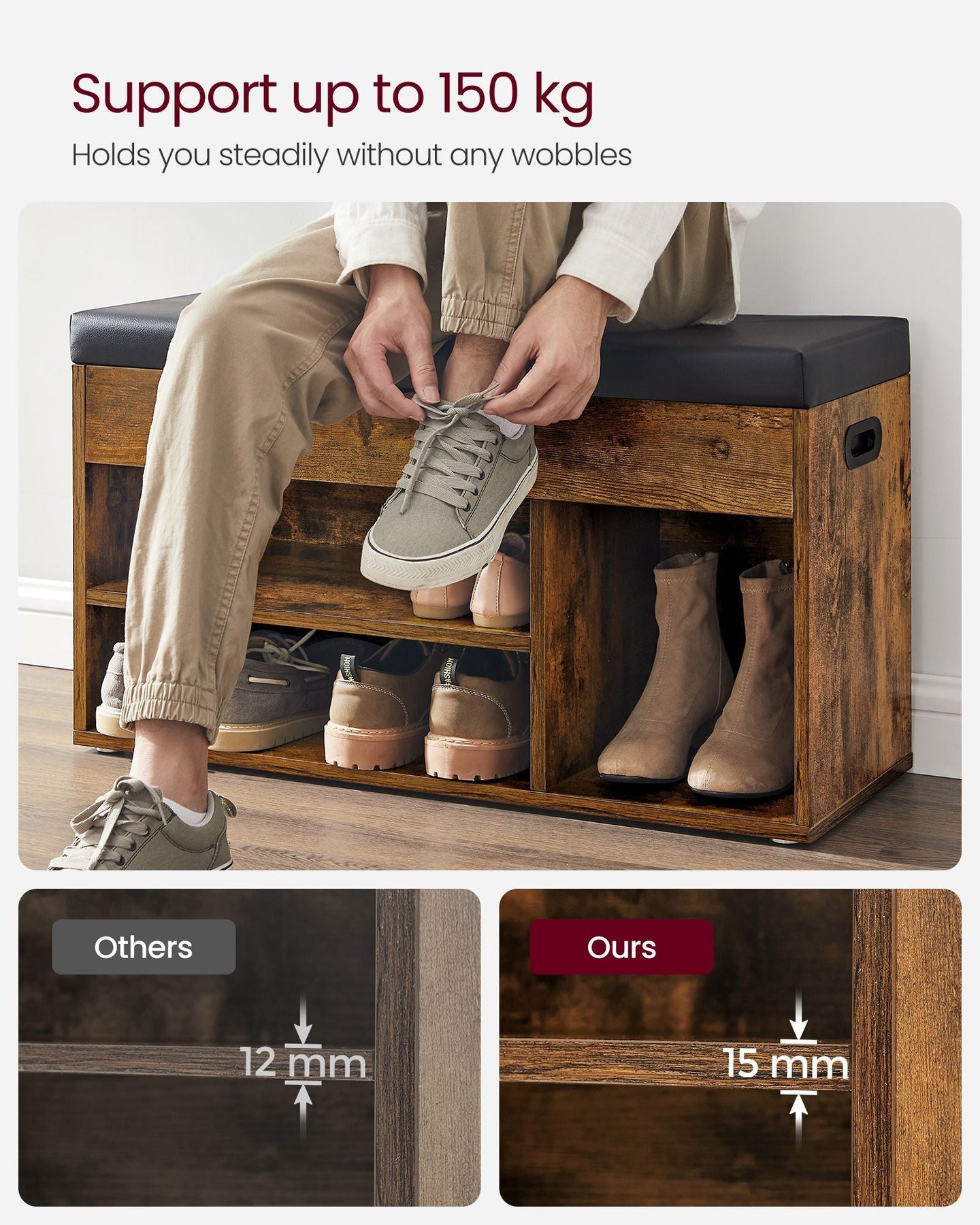 Shoe Bench - Wood - White - 3 Compartments with Storage Seat and Hidden Chest