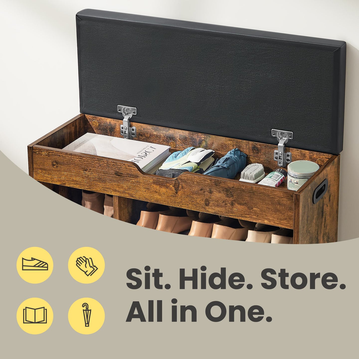Entryway Storage Bench - Wood - Brown - Cushioned with Hidden Compartment and Shelves