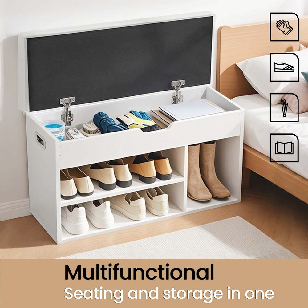 Shoe Storage Bench - Wood - White and Grey - Padded Seat with 3 Compartments