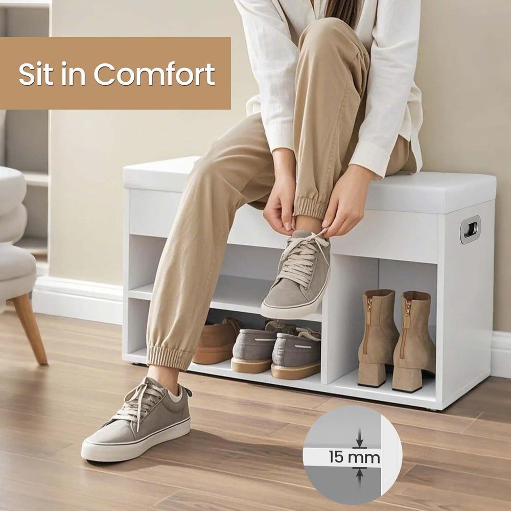 Shoe Storage Bench - Wood - White and Grey - Padded Seat with 3 Compartments