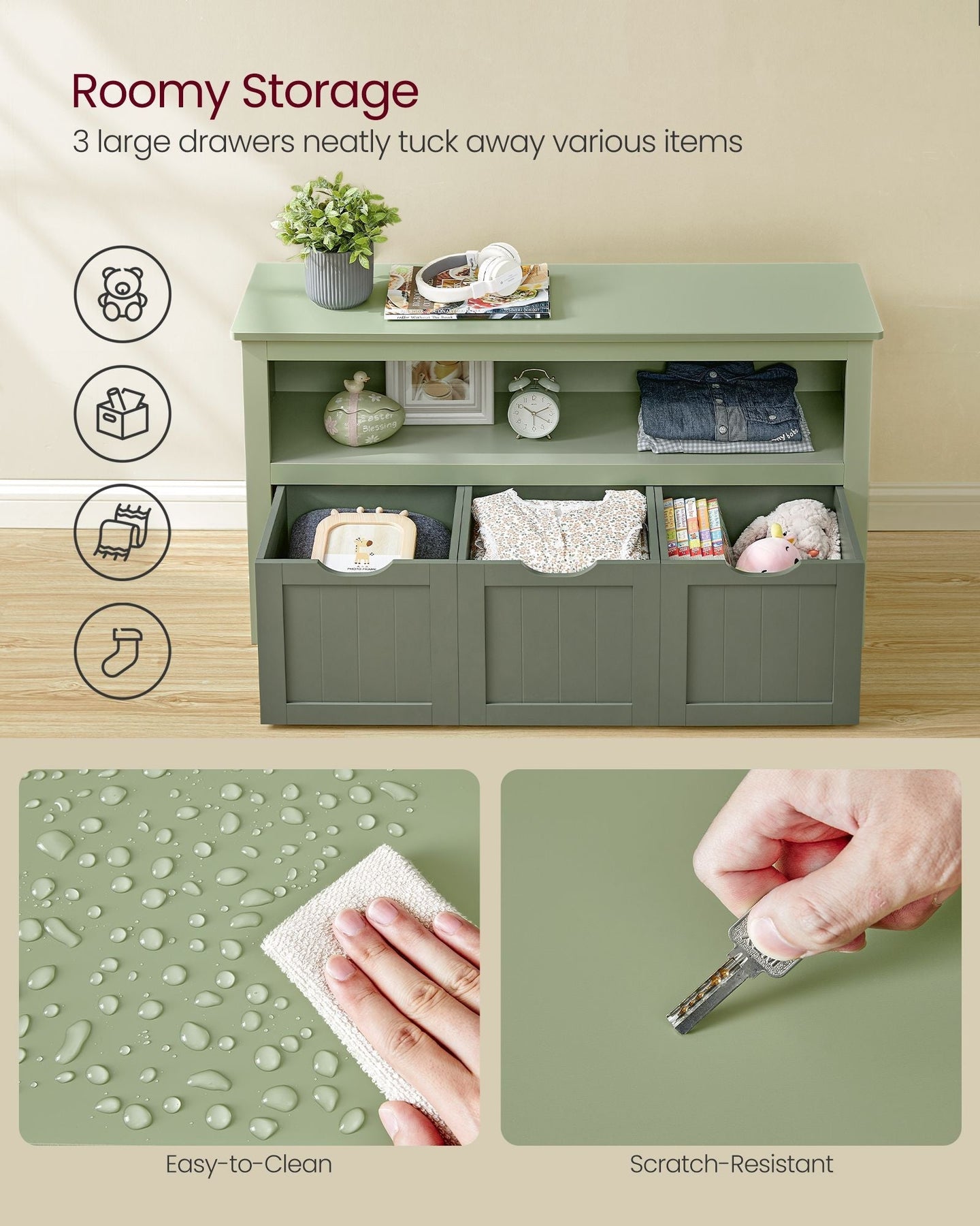 Toy Storage - Wood - Laurel Green - Mobile Unit with 3 Drawers