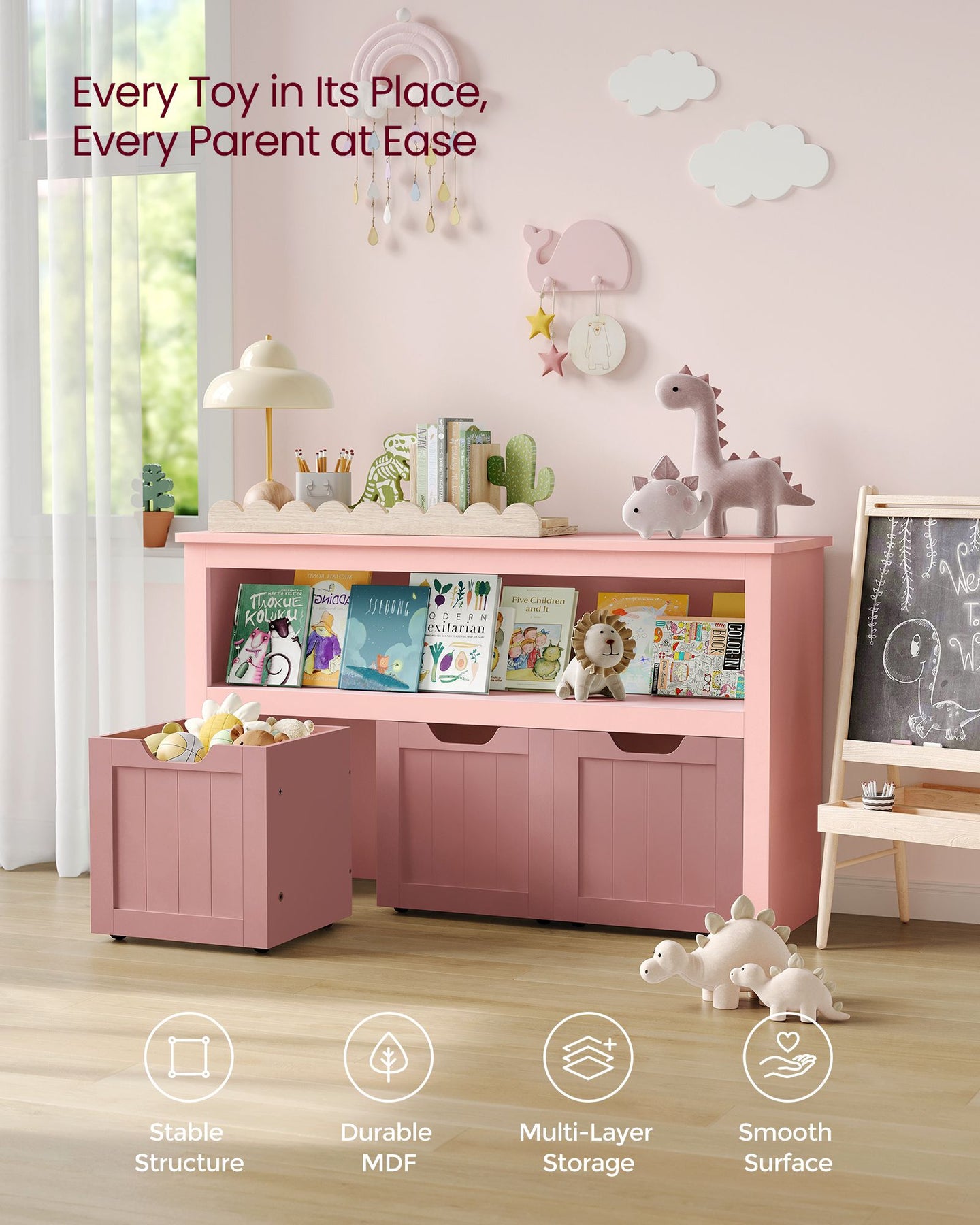 Toy Storage Unit - Mobile with 3 Drawers - Wood - Jelly Pink