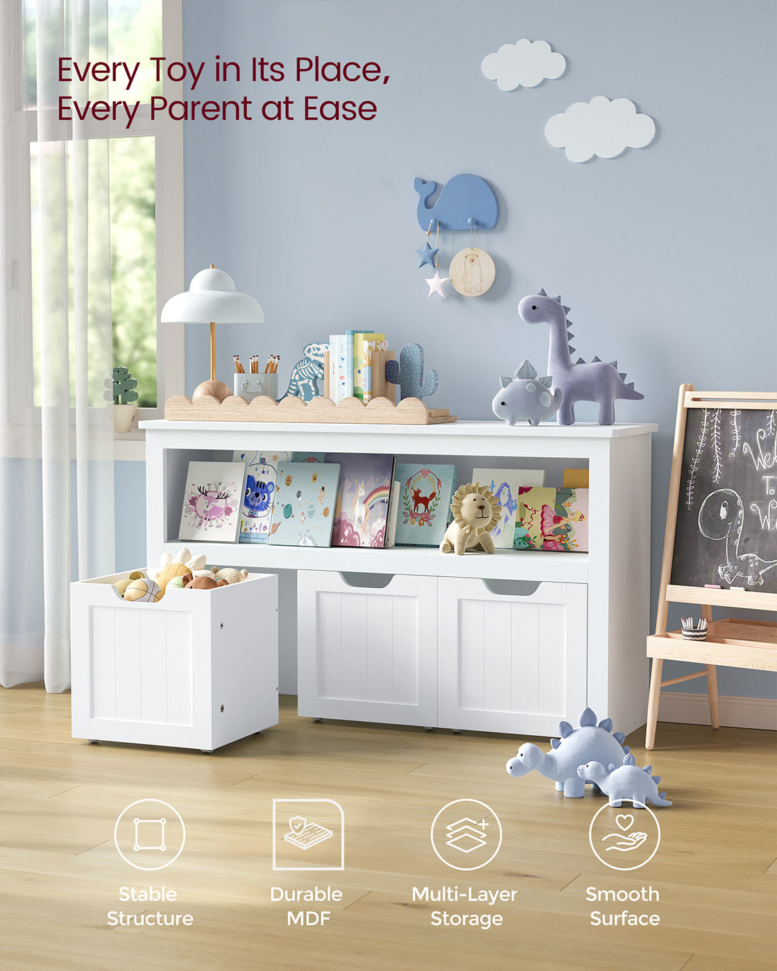Toy Storage Unit - Mobile with 3 Drawers - Wood - White