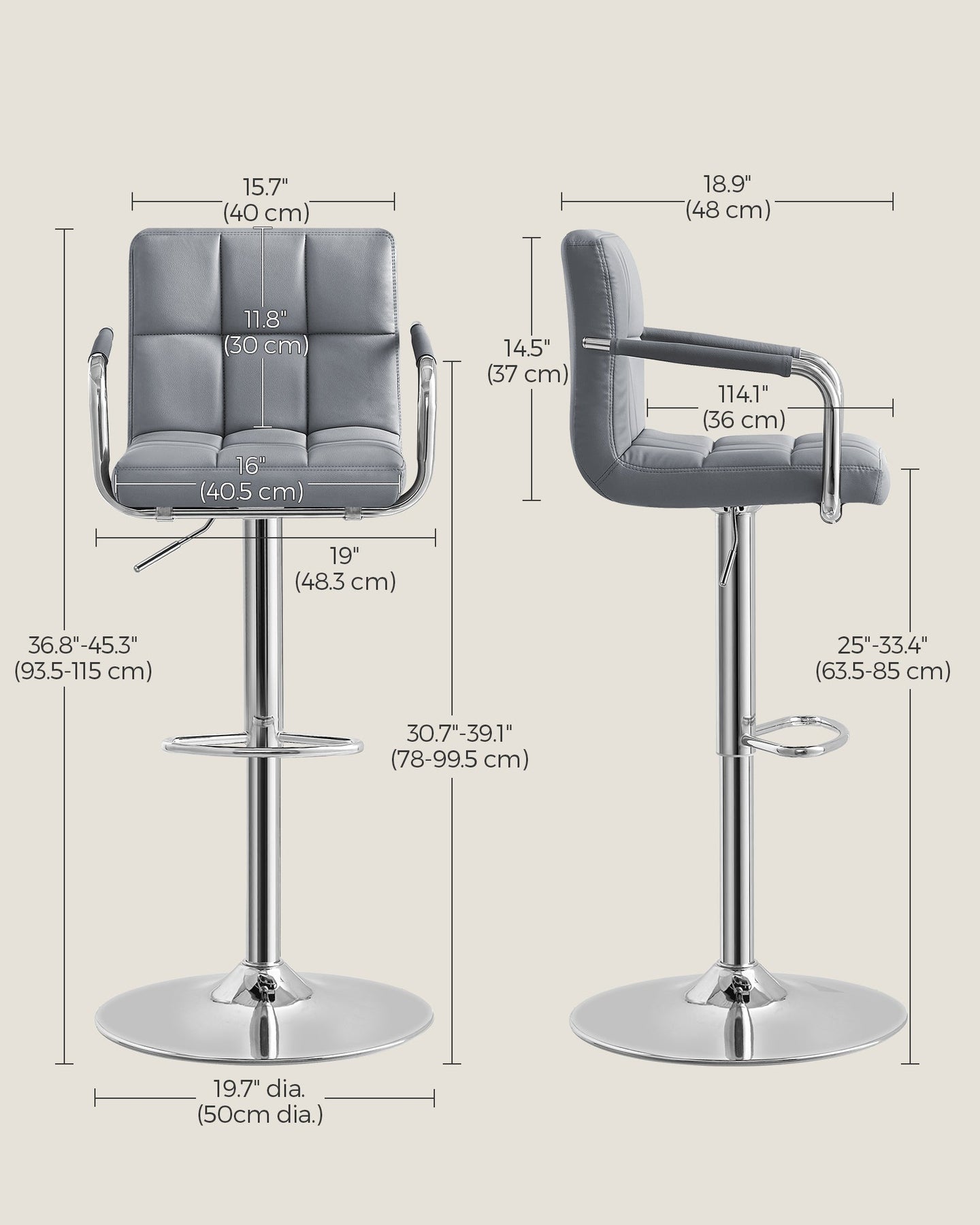 Bar Chair - Synthetic Leather - Light Grey - Height Adjustable