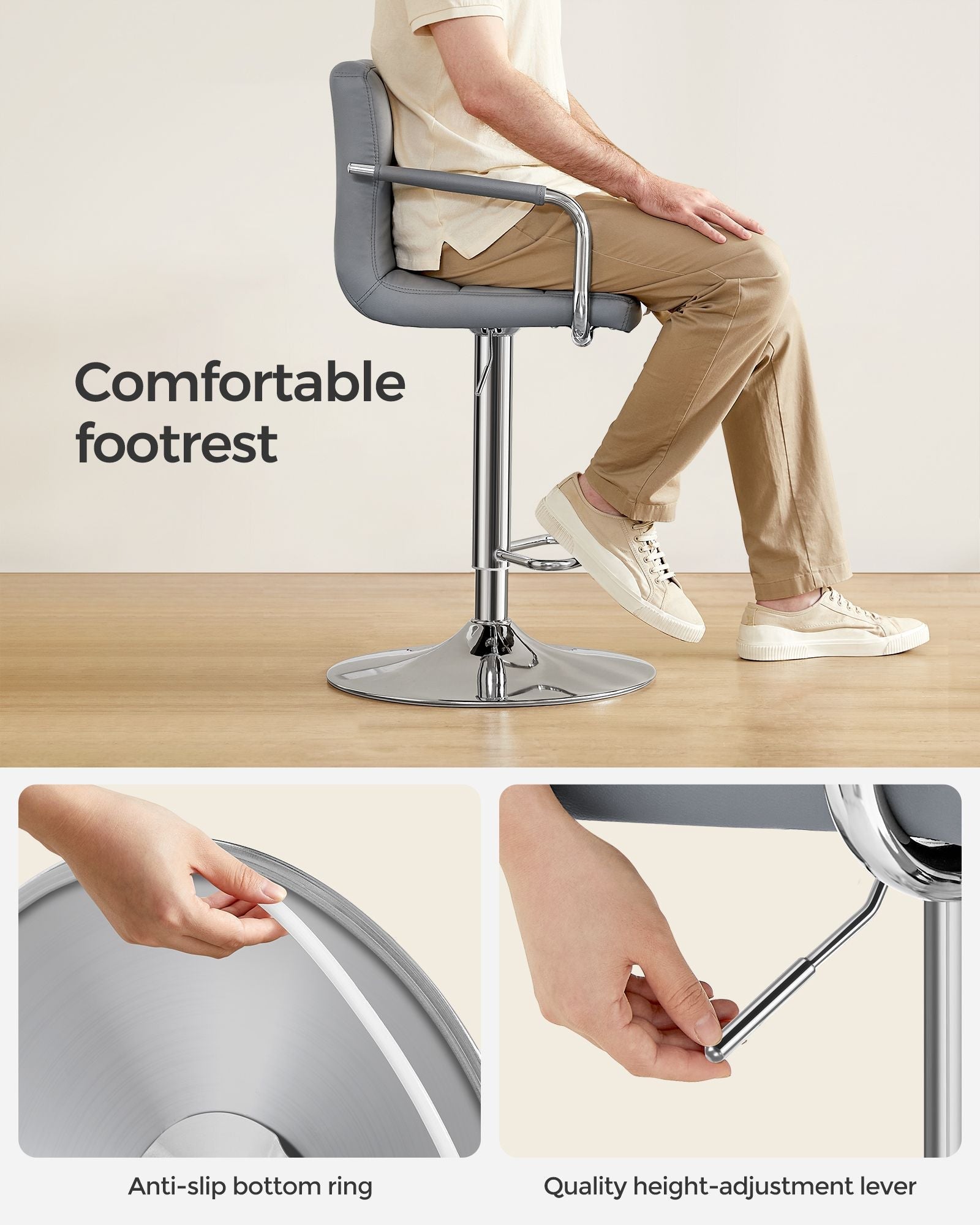 Bar Chair - Synthetic Leather - Light Grey - Height Adjustable