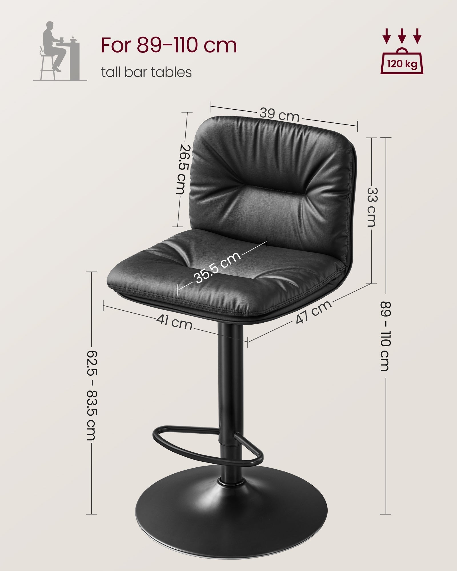 Bar Stools Set of 2 - PU - Adjustable