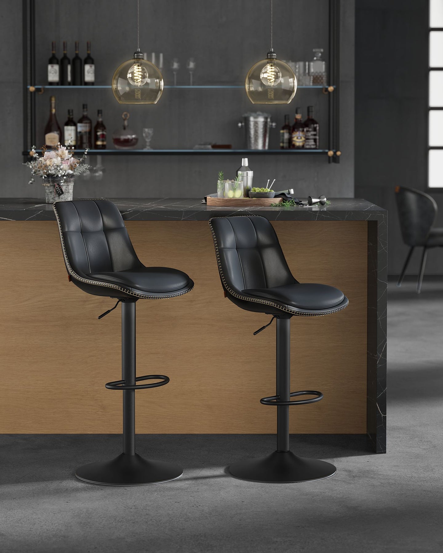 Set of 2 Height Adjustable Swivel Bar Stools - Synthetic Leather - Ink Black - Backrests and Footrests