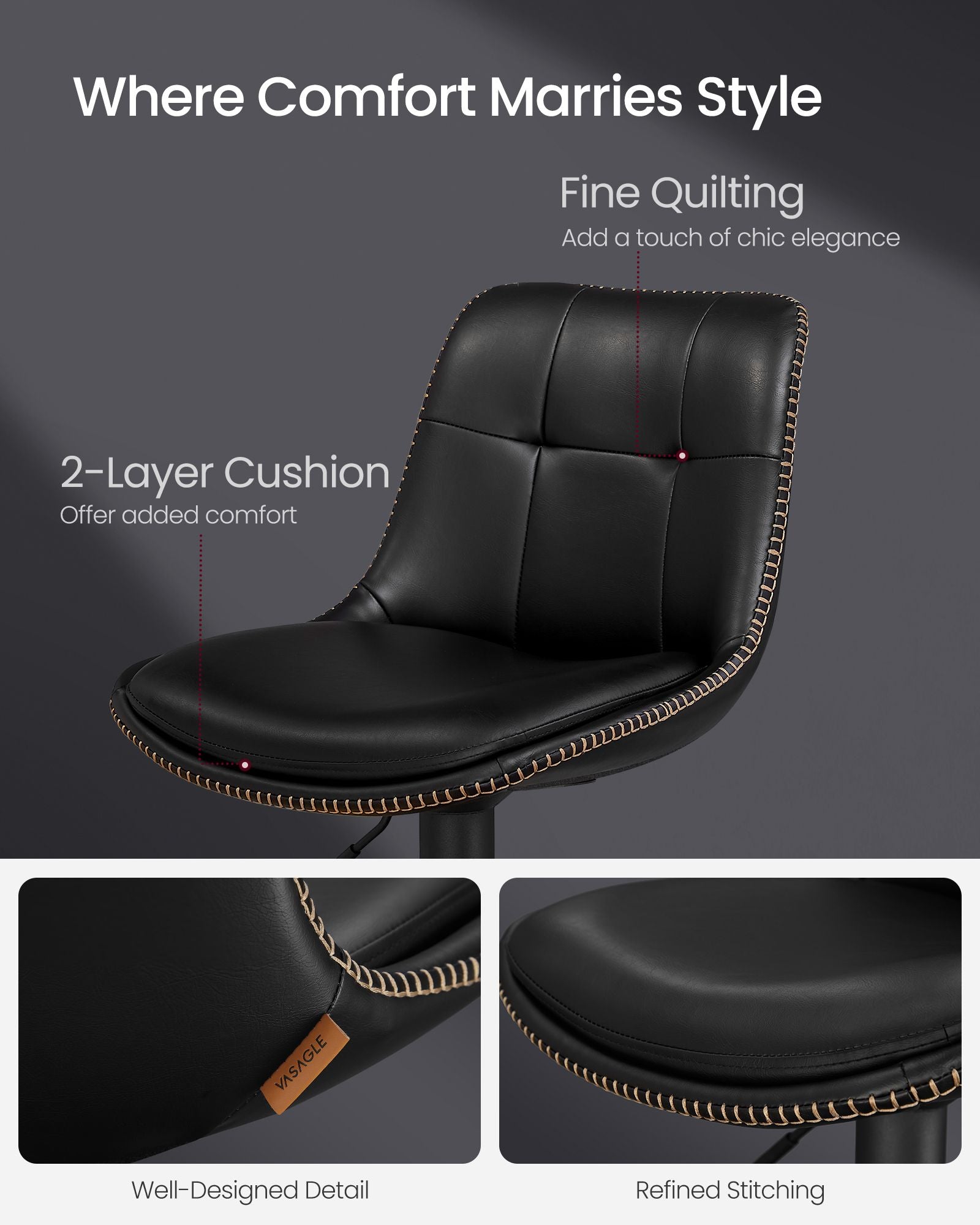 Set of 2 Height Adjustable Swivel Bar Stools - Synthetic Leather - Ink Black - Backrests and Footrests
