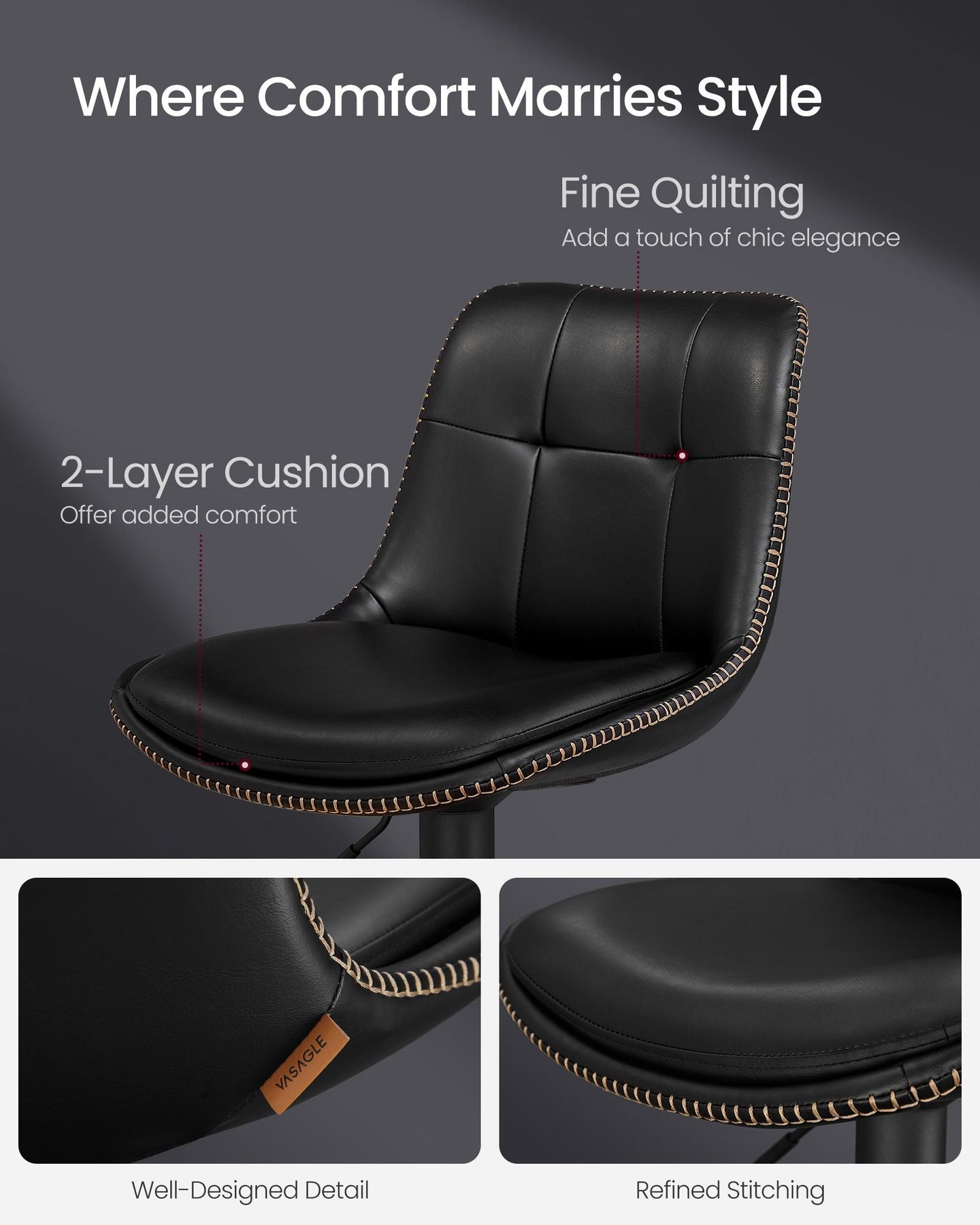 Set of 2 Height Adjustable Swivel Bar Stools - Synthetic Leather - Ink Black - Backrests and Footrests