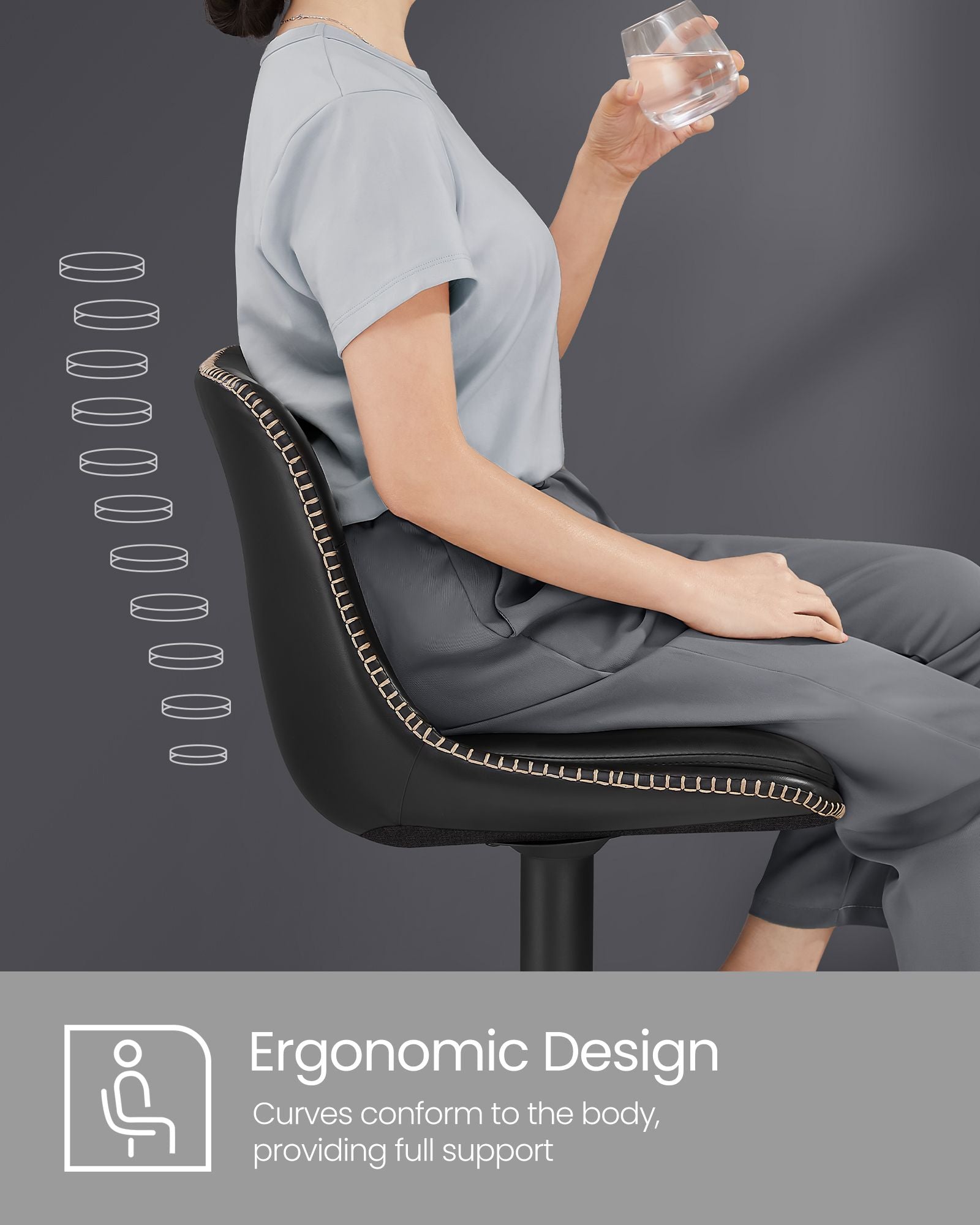 Set of 2 Height Adjustable Swivel Bar Stools - Synthetic Leather - Ink Black - Backrests and Footrests