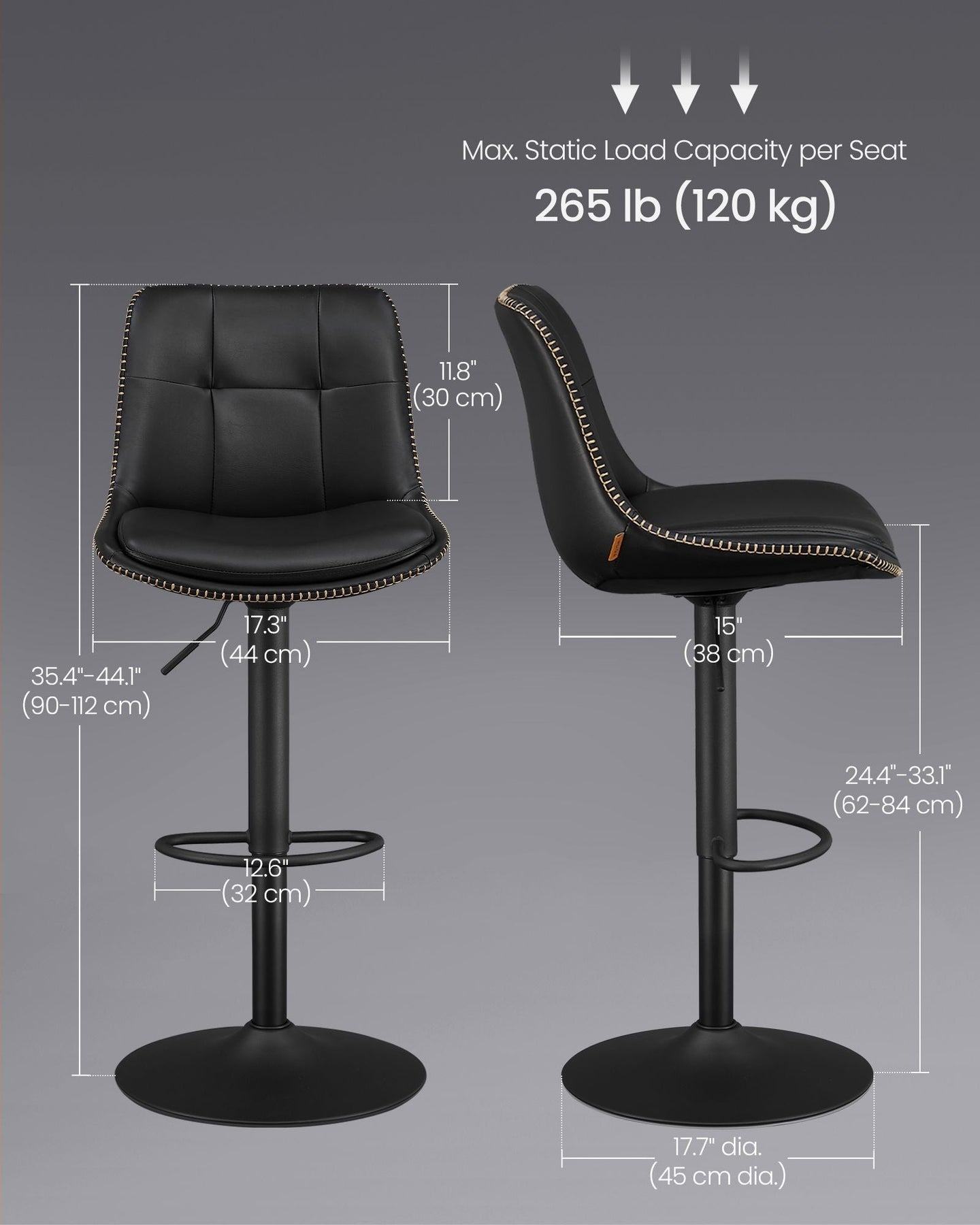 Set of 2 Height Adjustable Swivel Bar Stools - Synthetic Leather - Ink Black - Backrests and Footrests