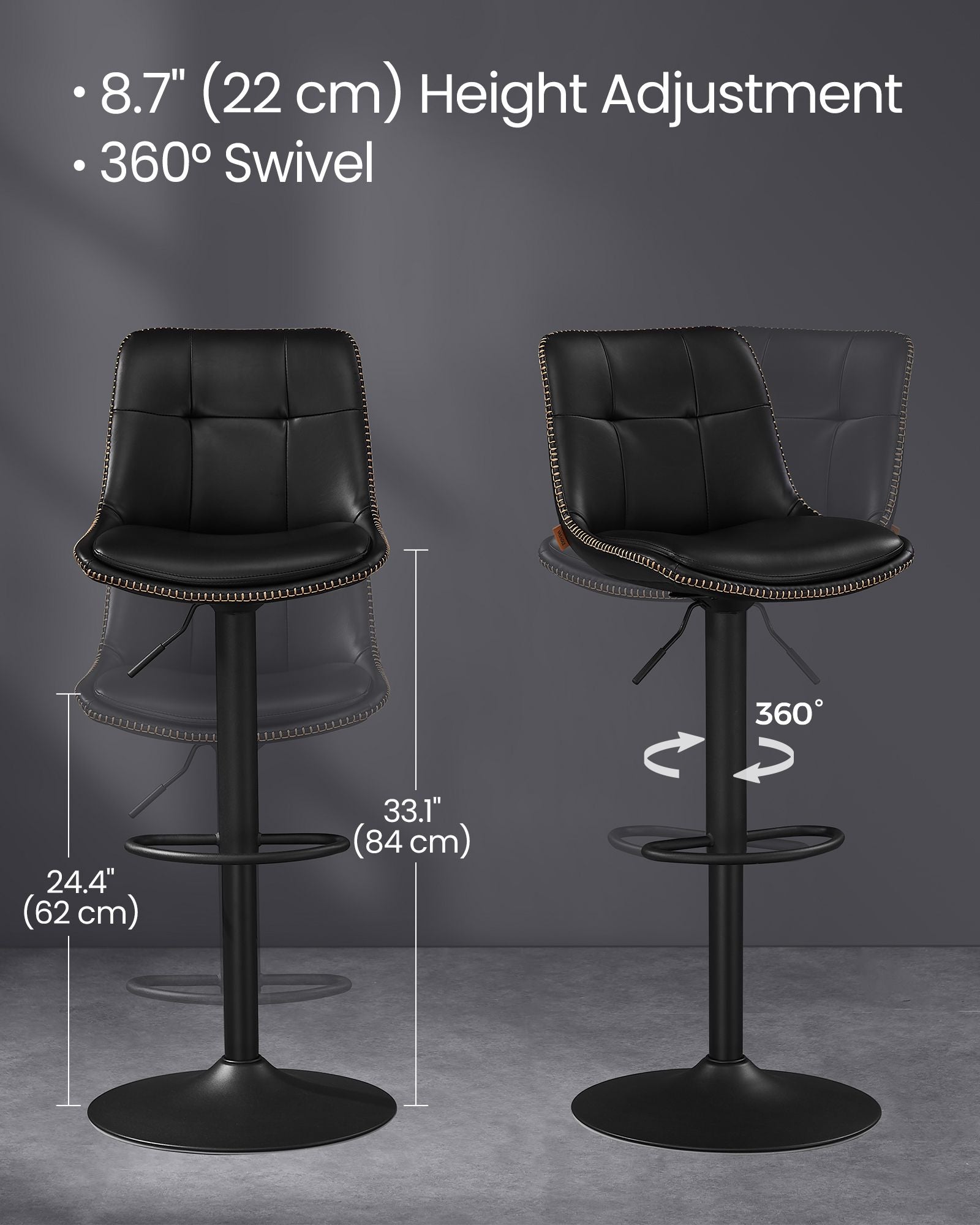 Set of 2 Height Adjustable Swivel Bar Stools - Synthetic Leather - Ink Black - Backrests and Footrests