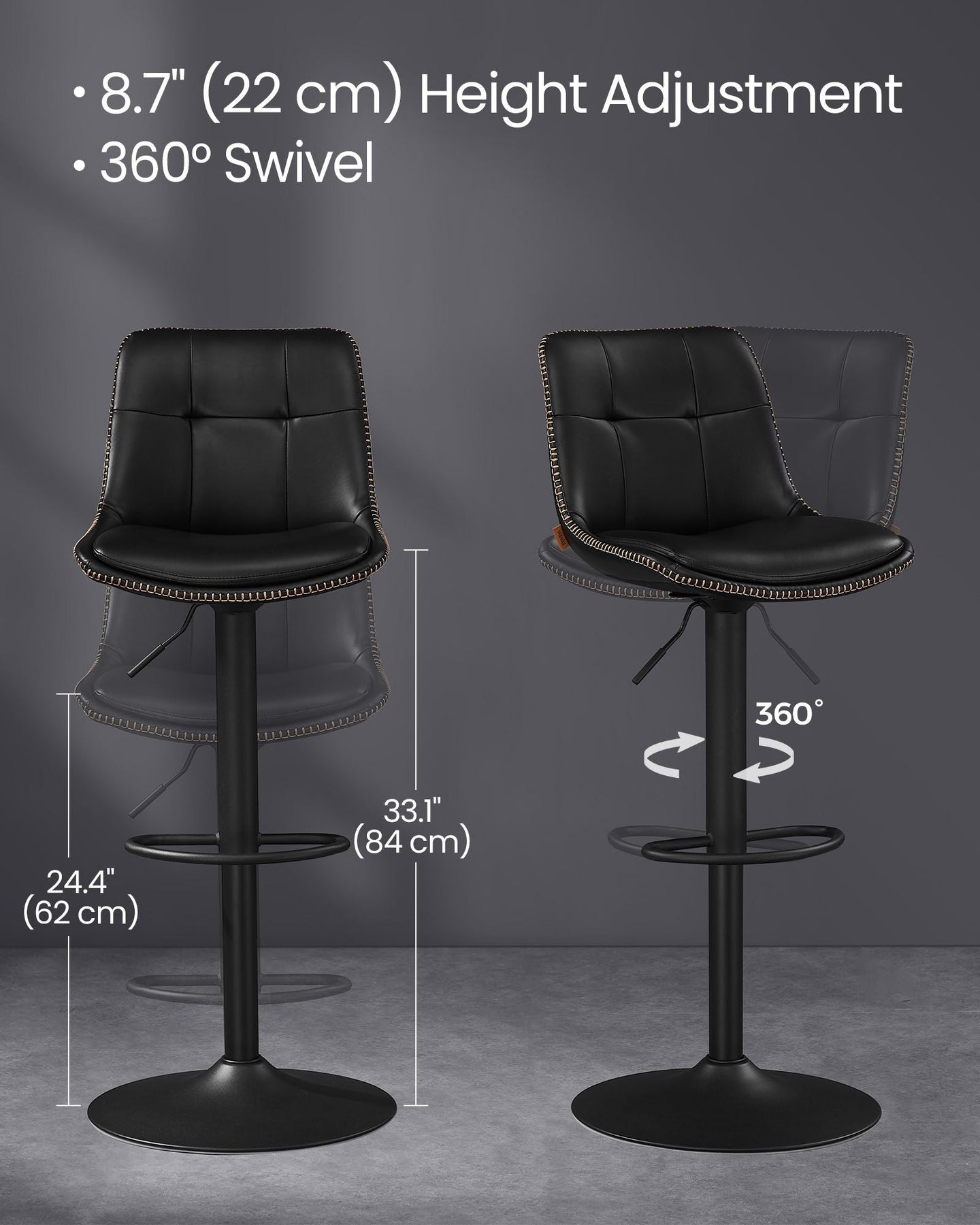 Set of 2 Height Adjustable Swivel Bar Stools - Synthetic Leather - Ink Black - Backrests and Footrests