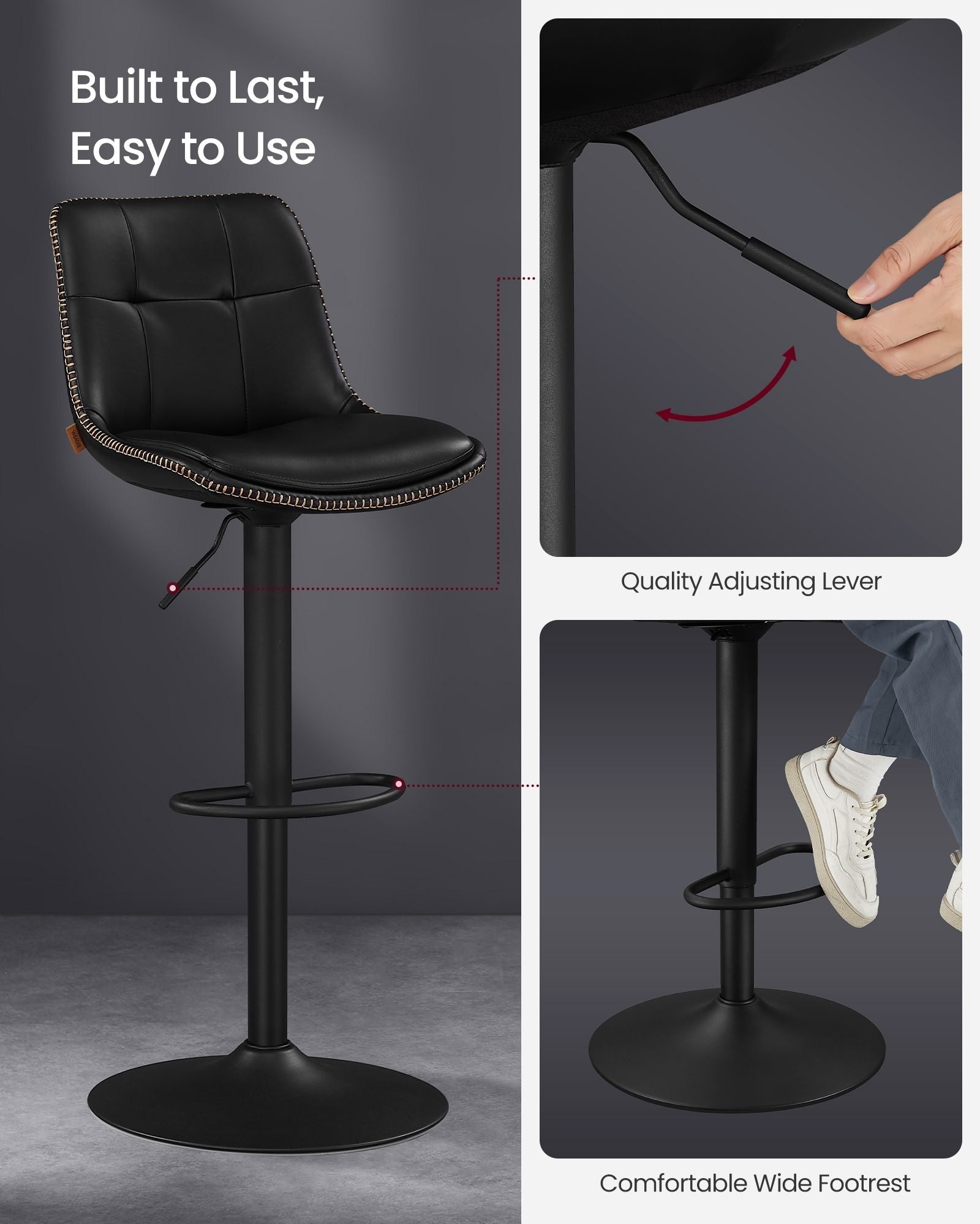 Set of 2 Height Adjustable Swivel Bar Stools - Synthetic Leather - Ink Black - Backrests and Footrests