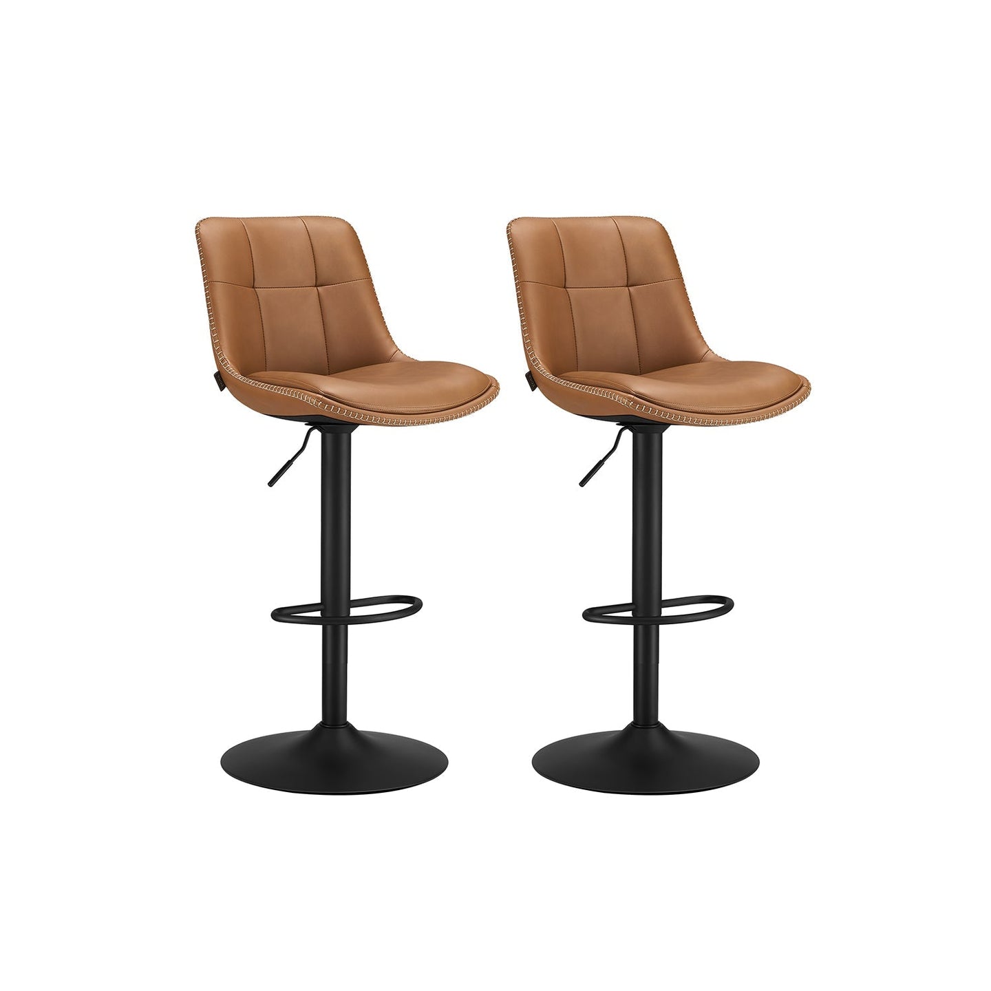 Set of 2 Height Adjustable Bar Stools - Synthetic Leather - Caramel Brown - Swivel Design with Backrests and Footrests