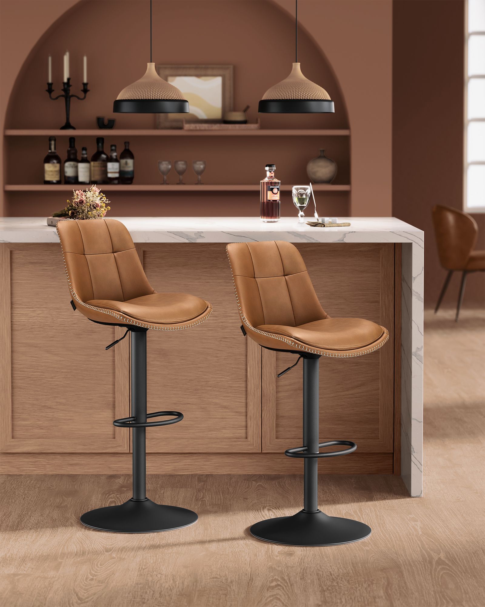 Set of 2 Height Adjustable Bar Stools - Synthetic Leather - Caramel Brown - Swivel Design with Backrests and Footrests