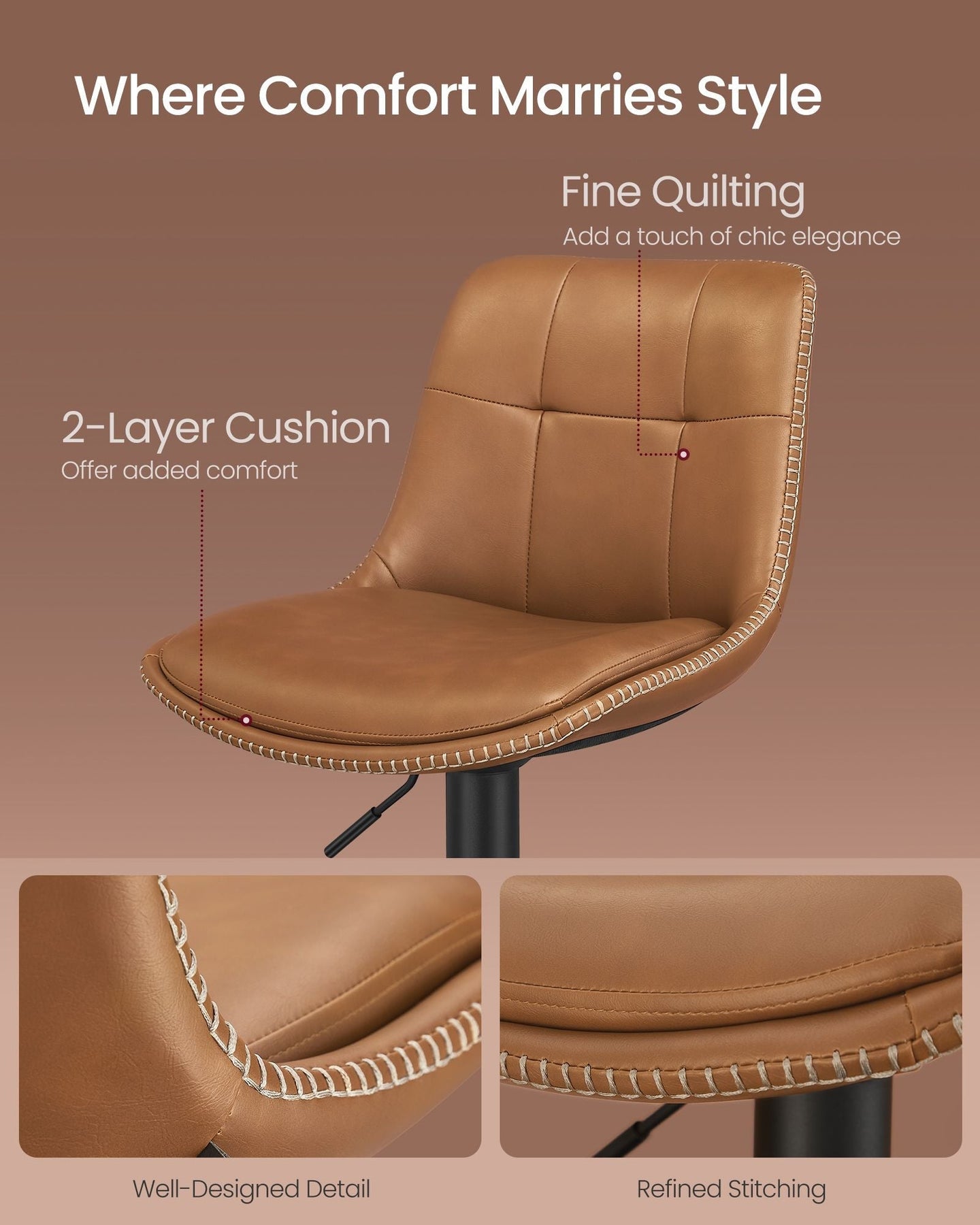 Set of 2 Height Adjustable Bar Stools - Synthetic Leather - Caramel Brown - Swivel Design with Backrests and Footrests