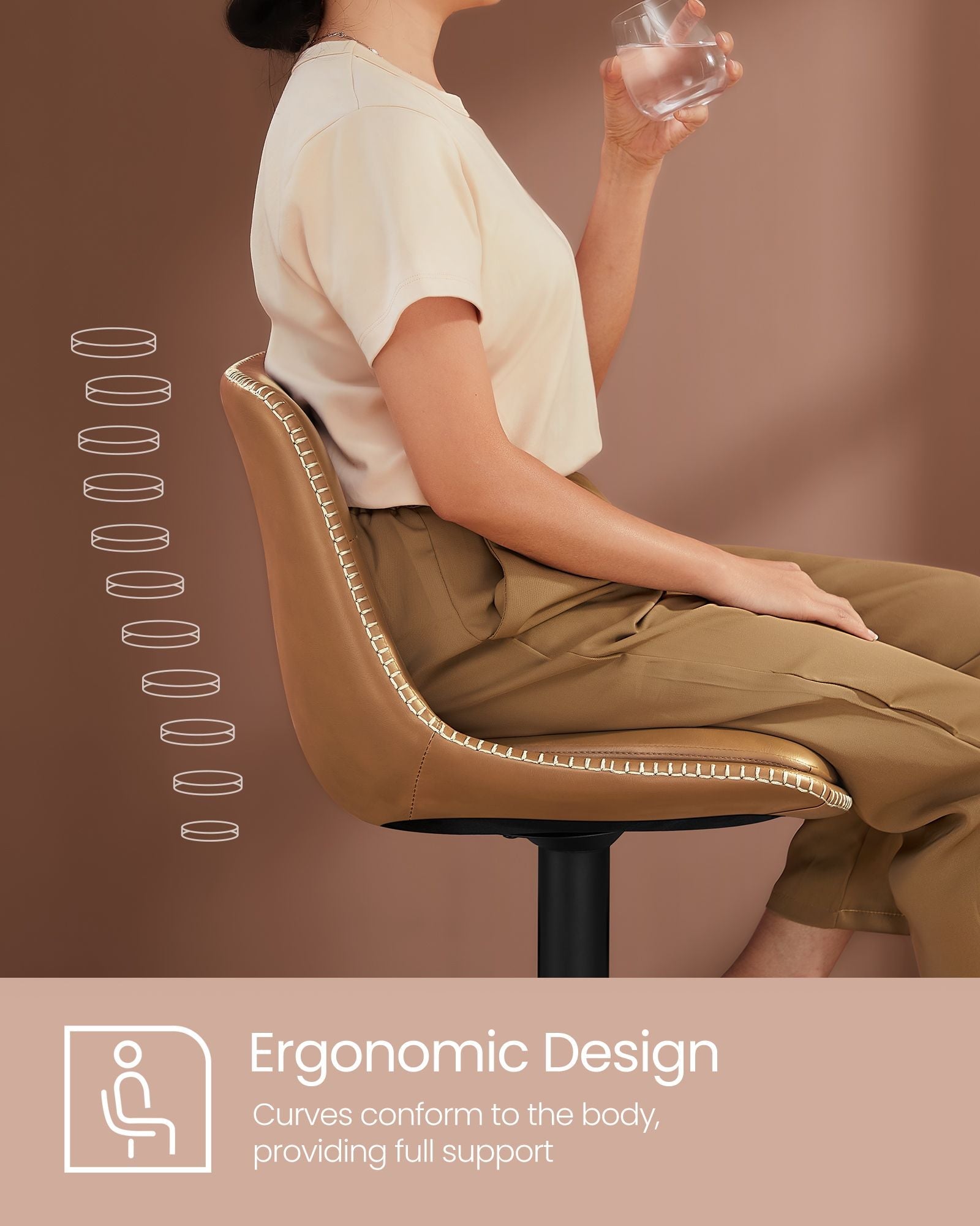 Set of 2 Height Adjustable Bar Stools - Synthetic Leather - Caramel Brown - Swivel Design with Backrests and Footrests