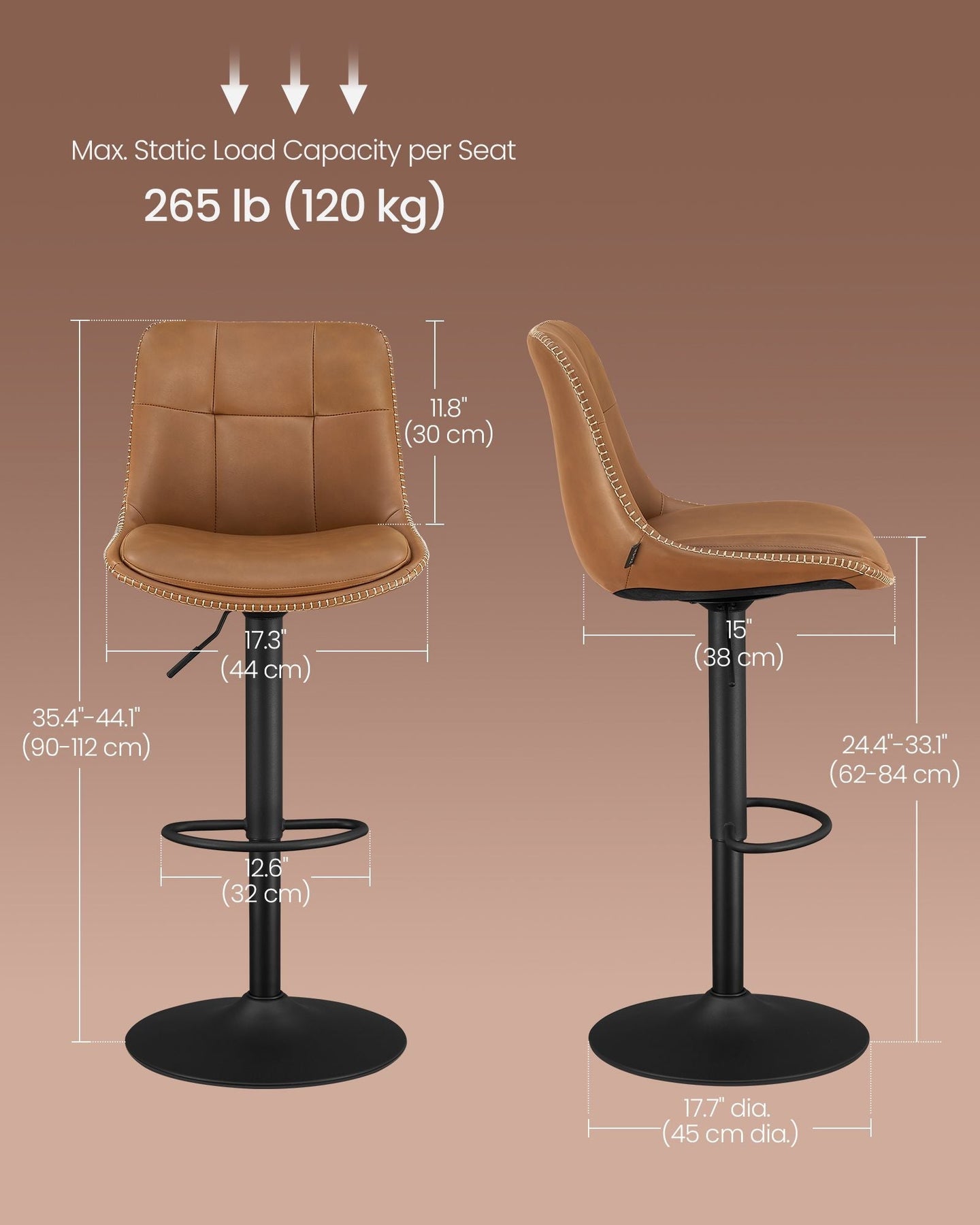 Set of 2 Height Adjustable Bar Stools - Synthetic Leather - Caramel Brown - Swivel Design with Backrests and Footrests