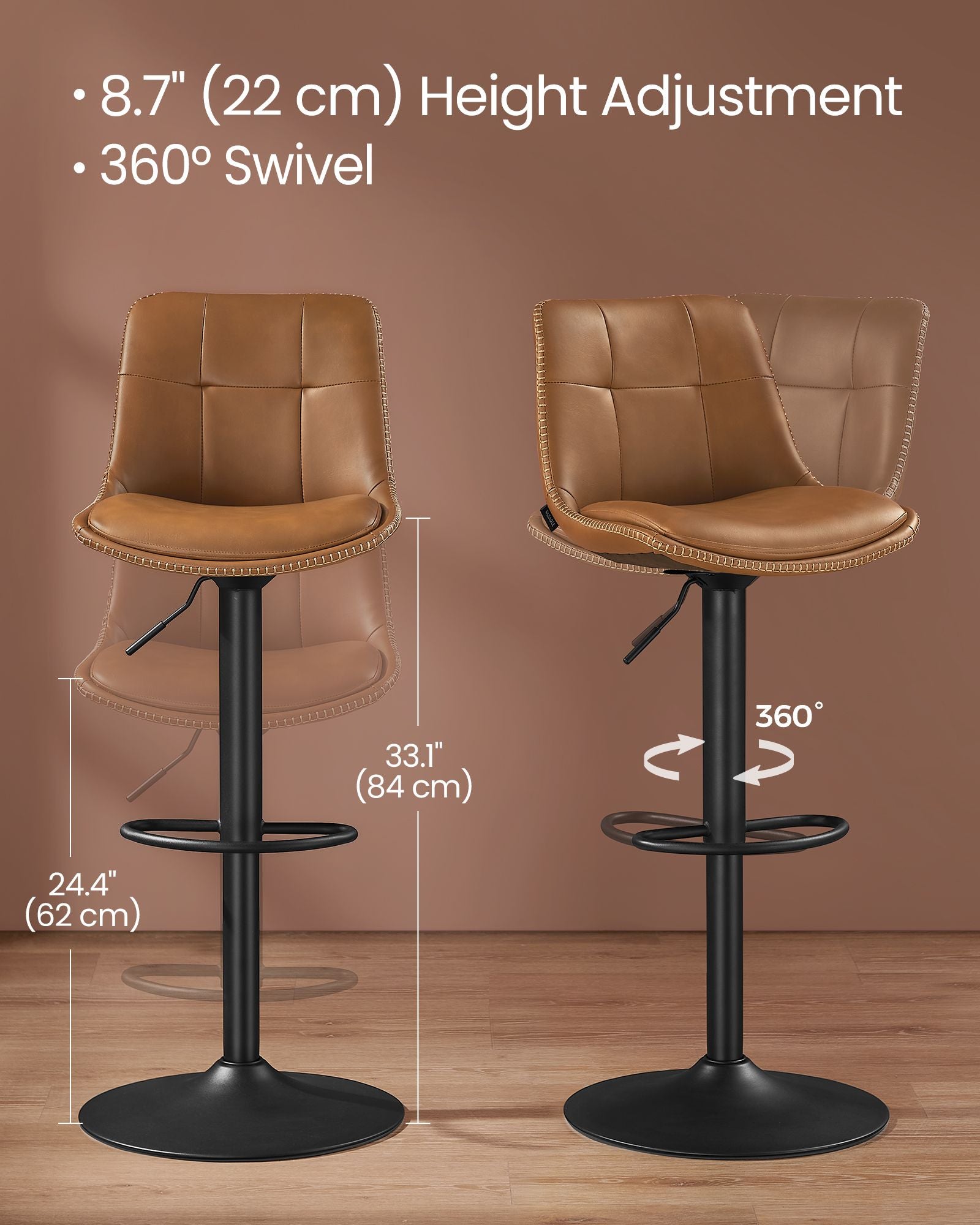 Set of 2 Height Adjustable Bar Stools - Synthetic Leather - Caramel Brown - Swivel Design with Backrests and Footrests