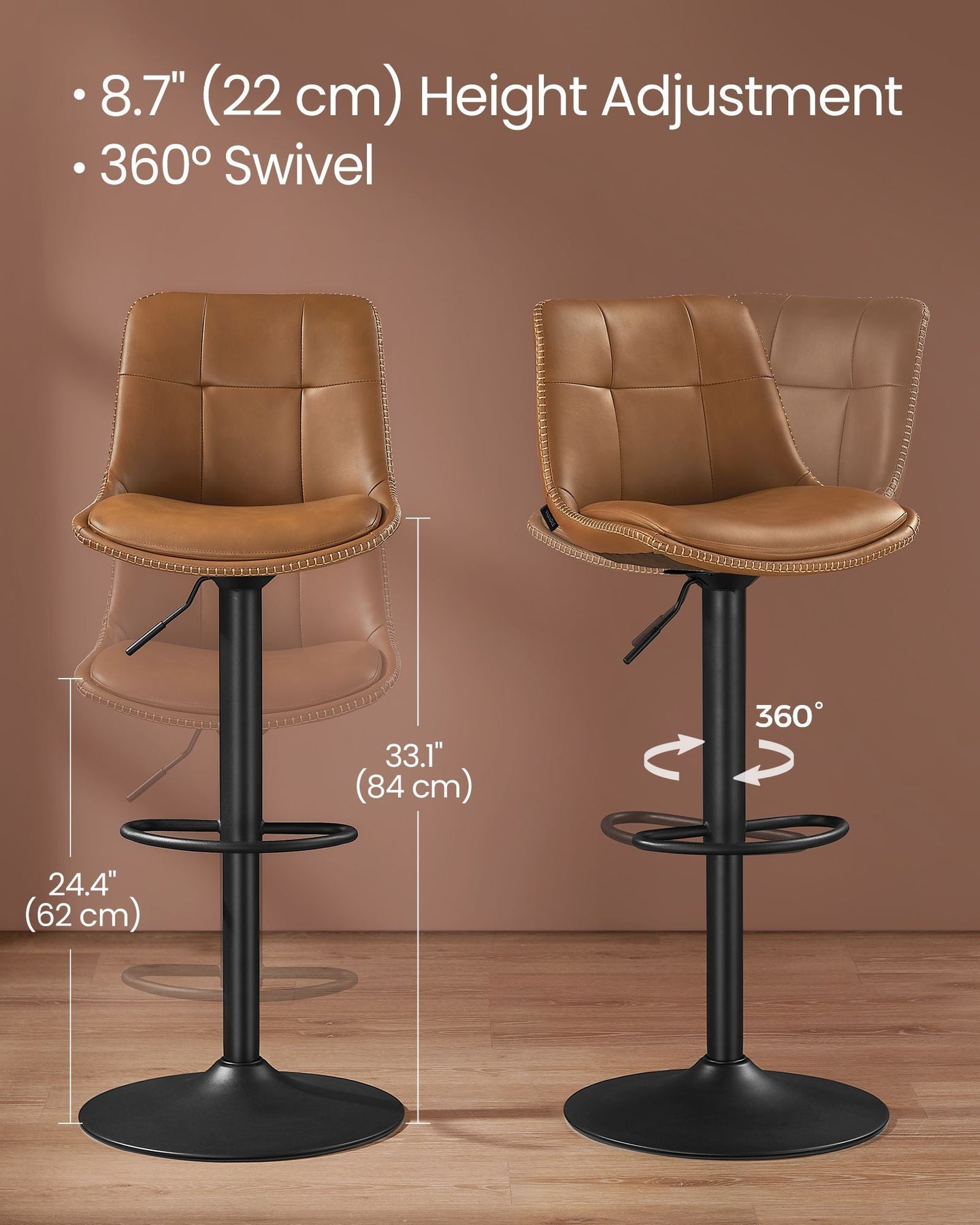 Set of 2 Height Adjustable Bar Stools - Synthetic Leather - Caramel Brown - Swivel Design with Backrests and Footrests