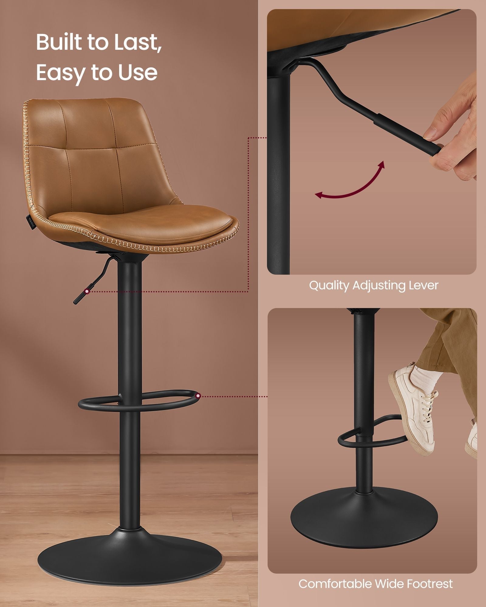 Set of 2 Height Adjustable Bar Stools - Synthetic Leather - Caramel Brown - Swivel Design with Backrests and Footrests