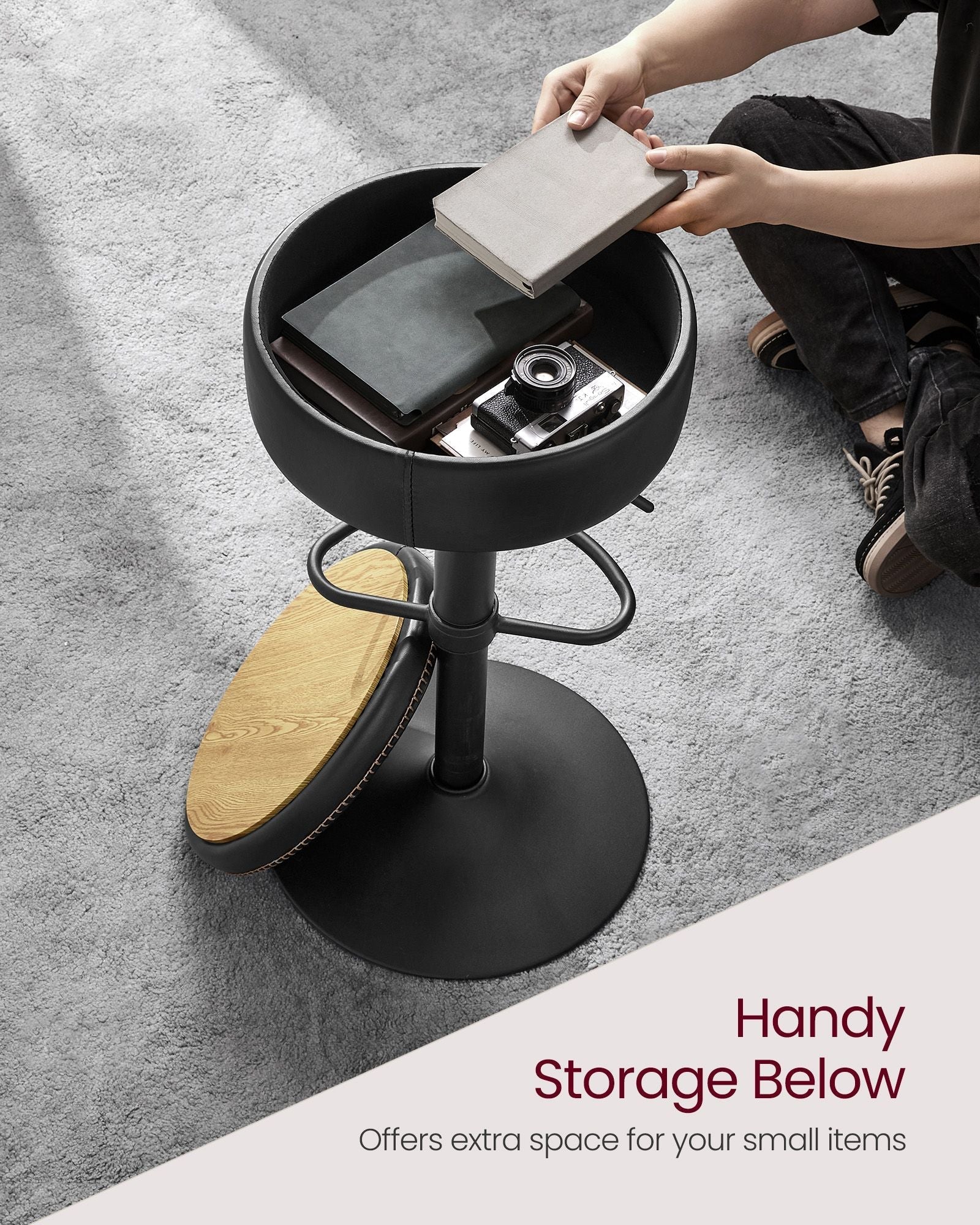 Bar Stool - Synthetic Leather - Ink Black - 360° Swivel and Height Adjustable with Storage