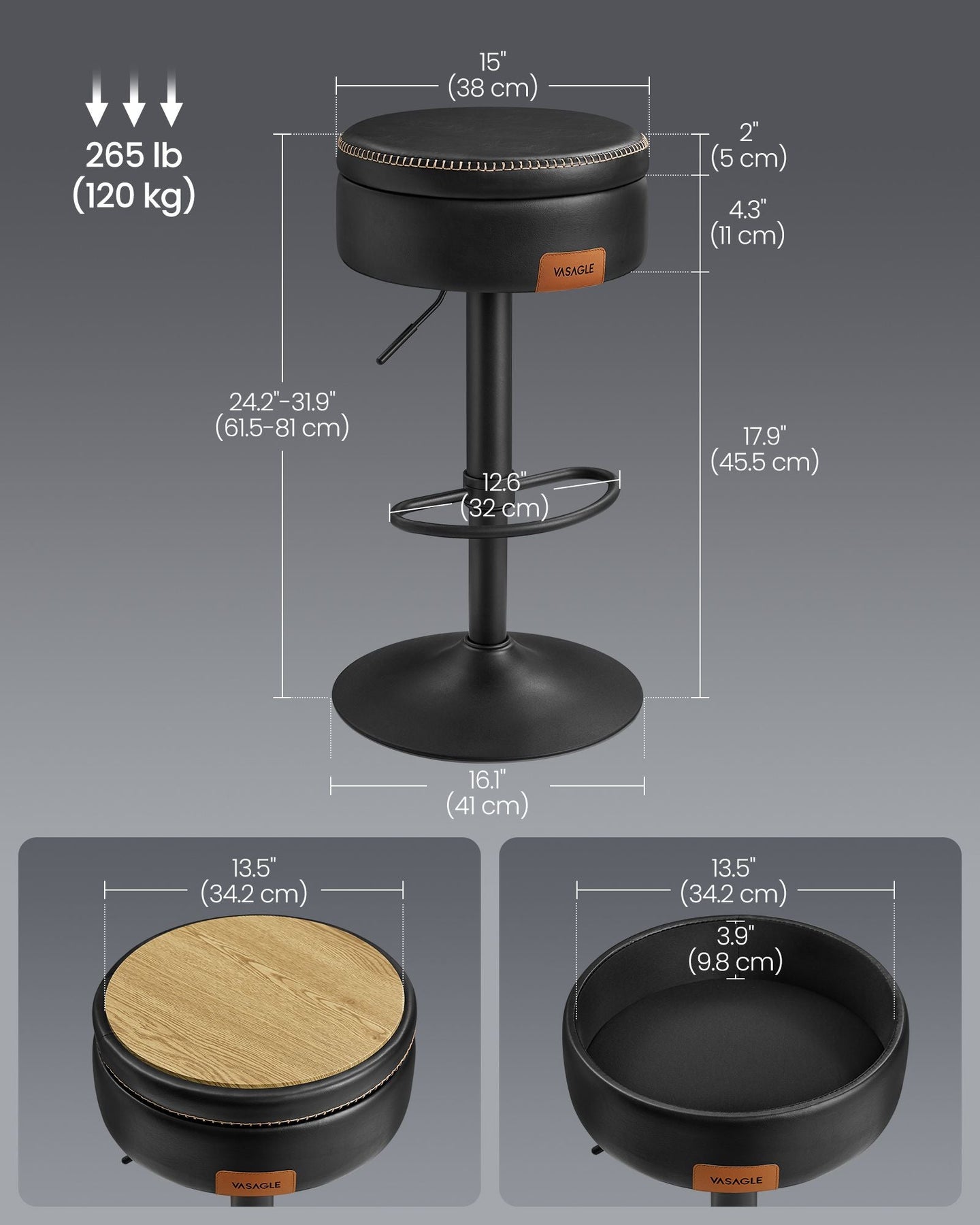 Bar Stool - Synthetic Leather - Ink Black - 360° Swivel and Height Adjustable with Storage