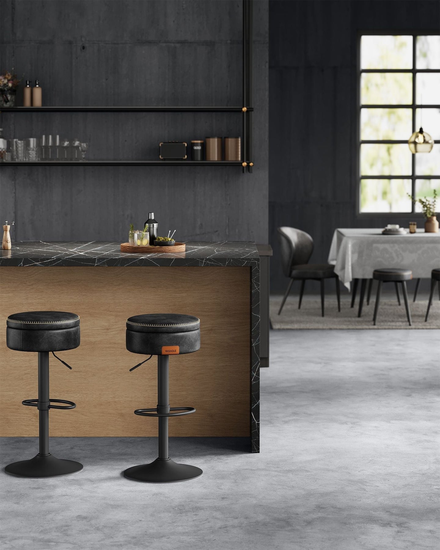 Bar Stool - Synthetic Leather - Ink Black - 360° Swivel and Height Adjustable with Storage