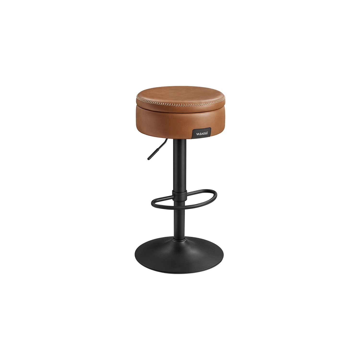 Bar Stool - Synthetic Leather - Caramel Brown - 360° Swivel and Height Adjustable with Storage