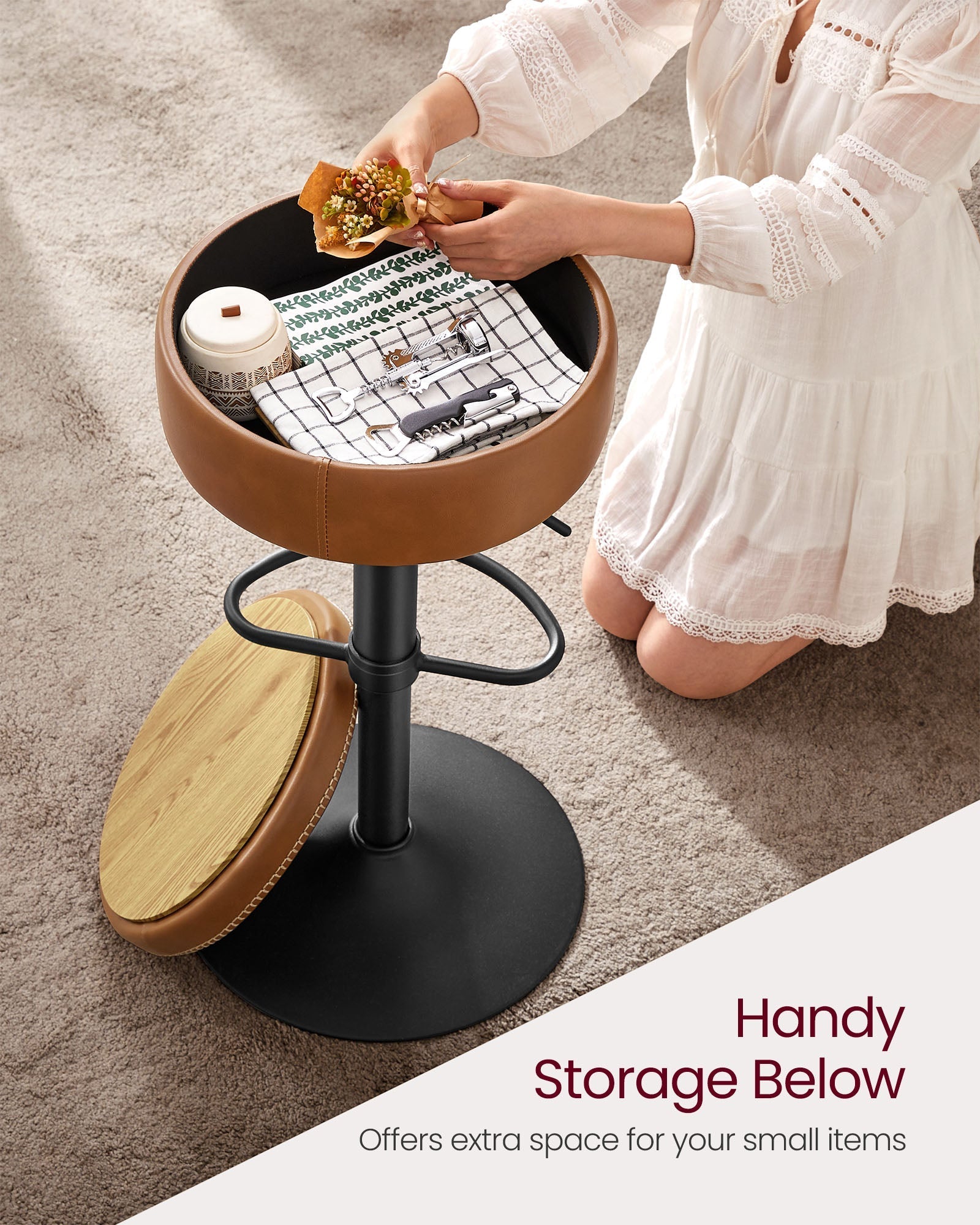 Bar Stool - Synthetic Leather - Caramel Brown - 360° Swivel and Height Adjustable with Storage