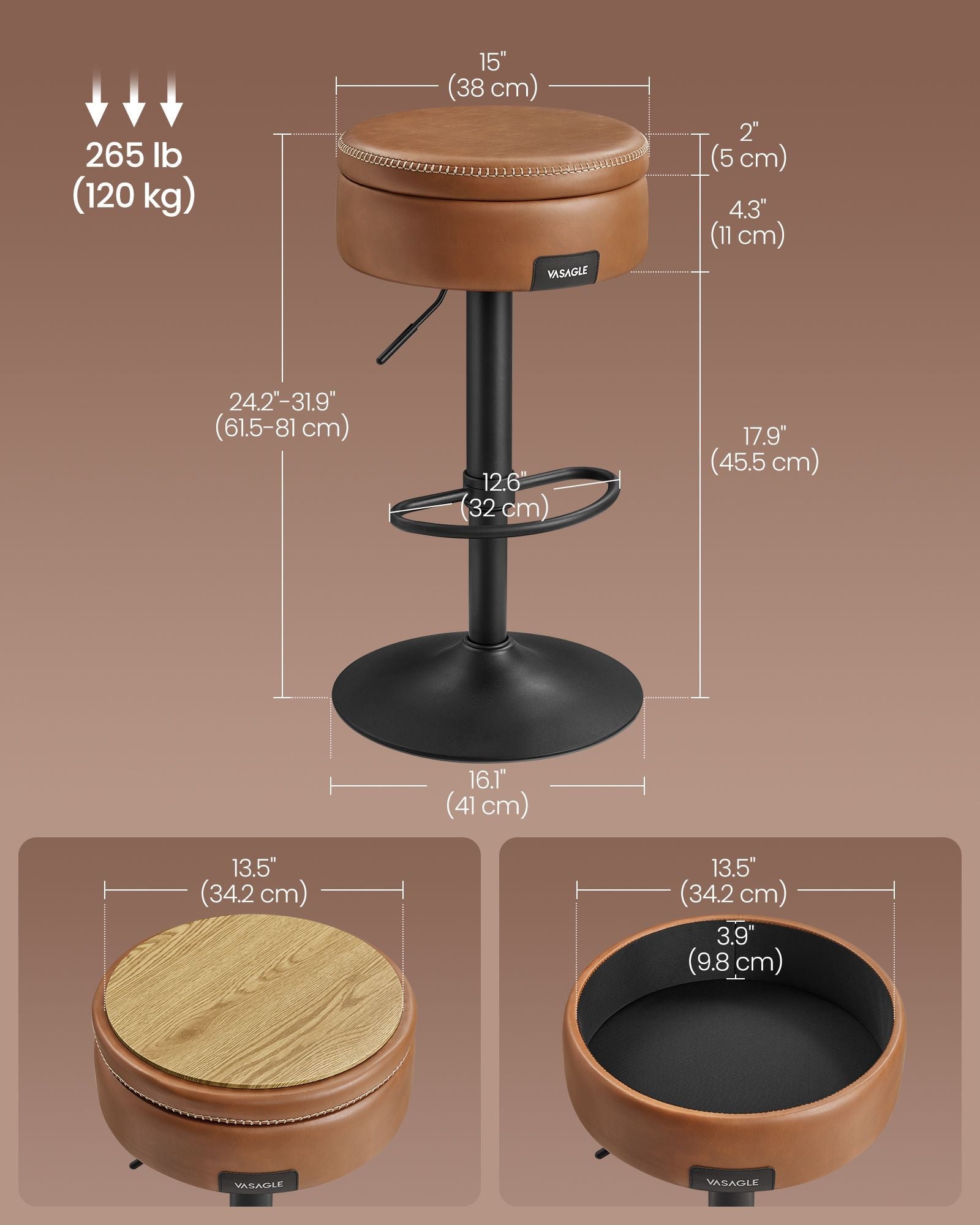 Bar Stool - Synthetic Leather - Caramel Brown - 360° Swivel and Height Adjustable with Storage